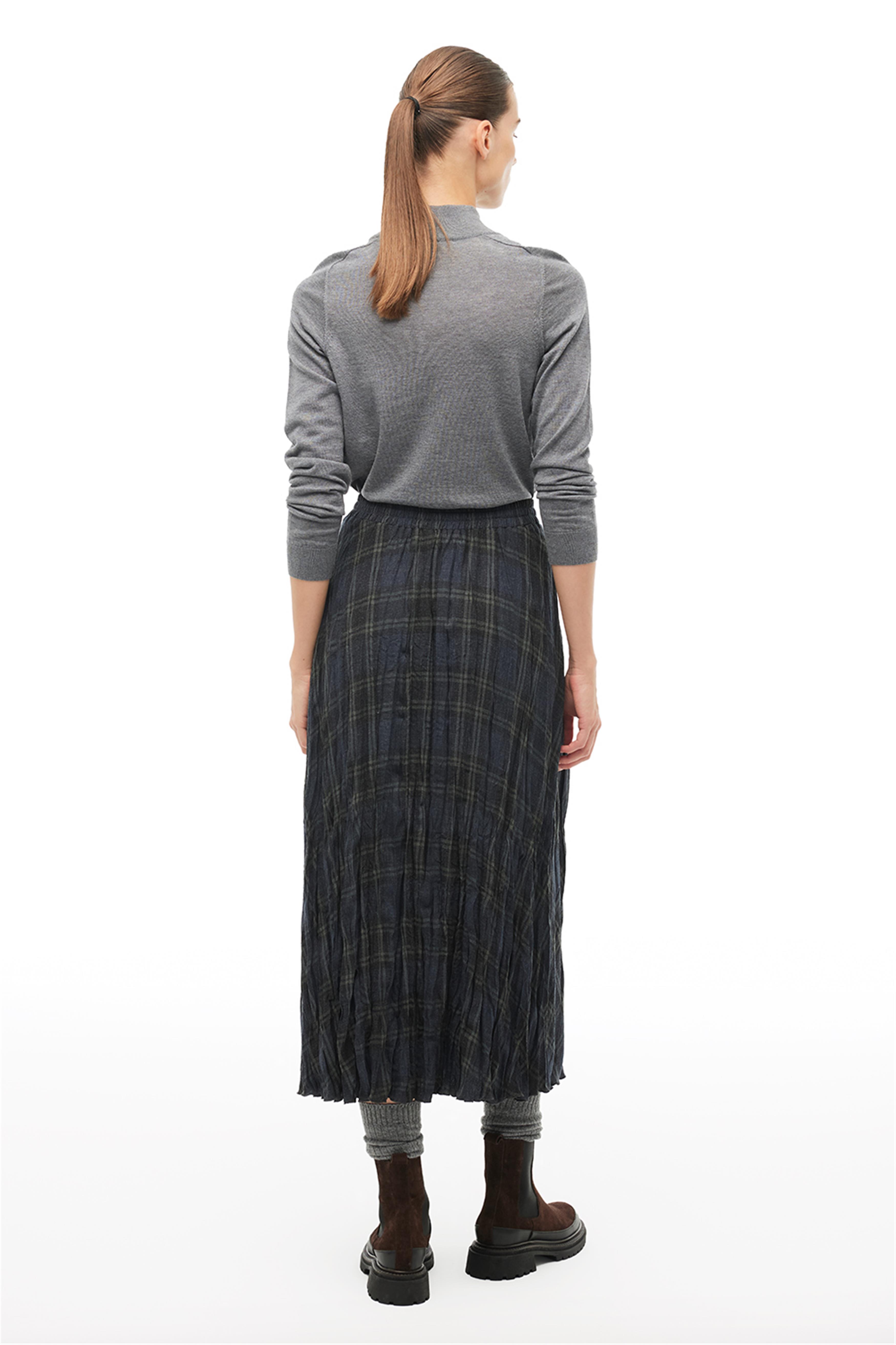 Çok Renkli Ekoseli Slim Fit Midi Etek