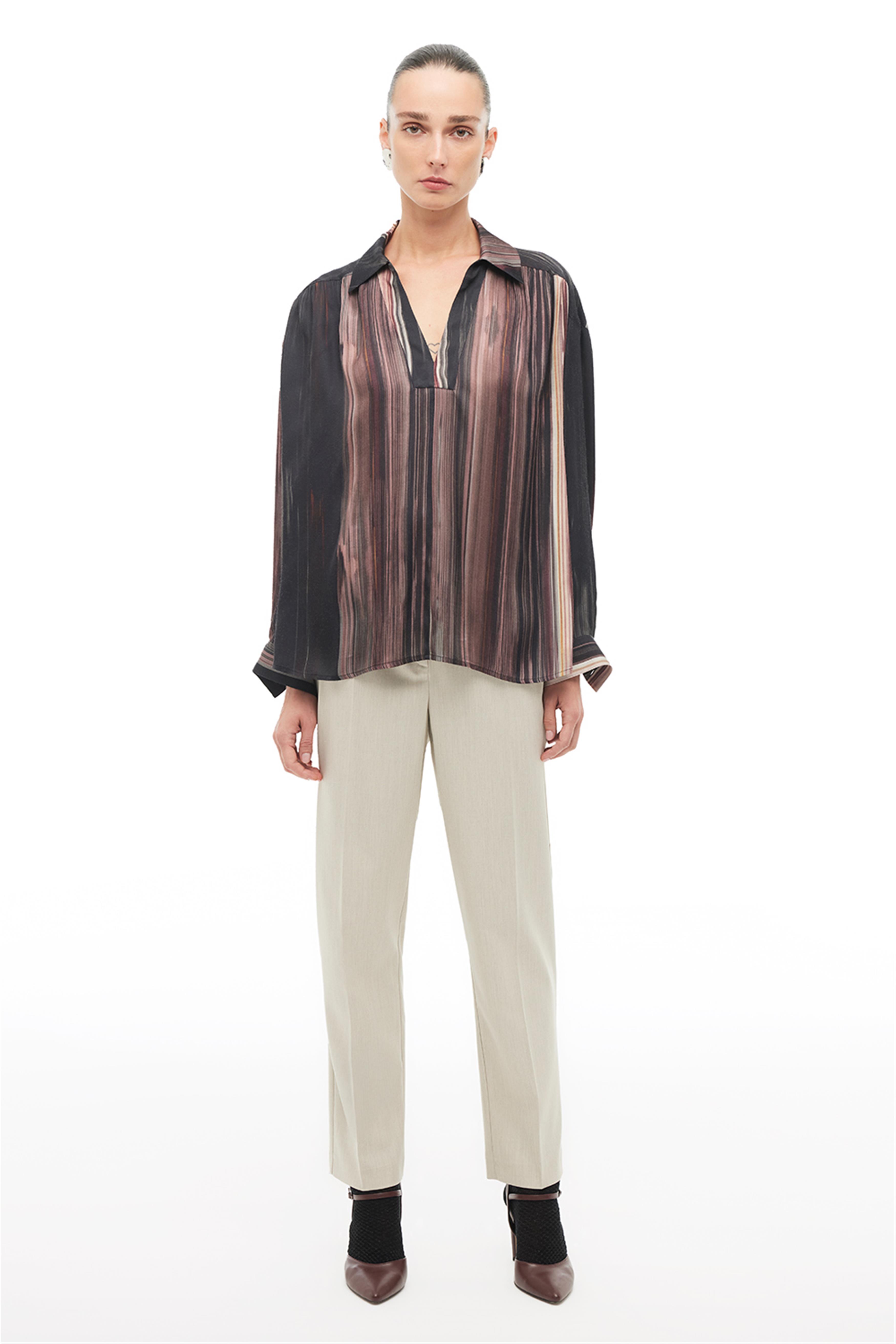 Çok Renkli Gömlek Yaka Çizgili Bluz