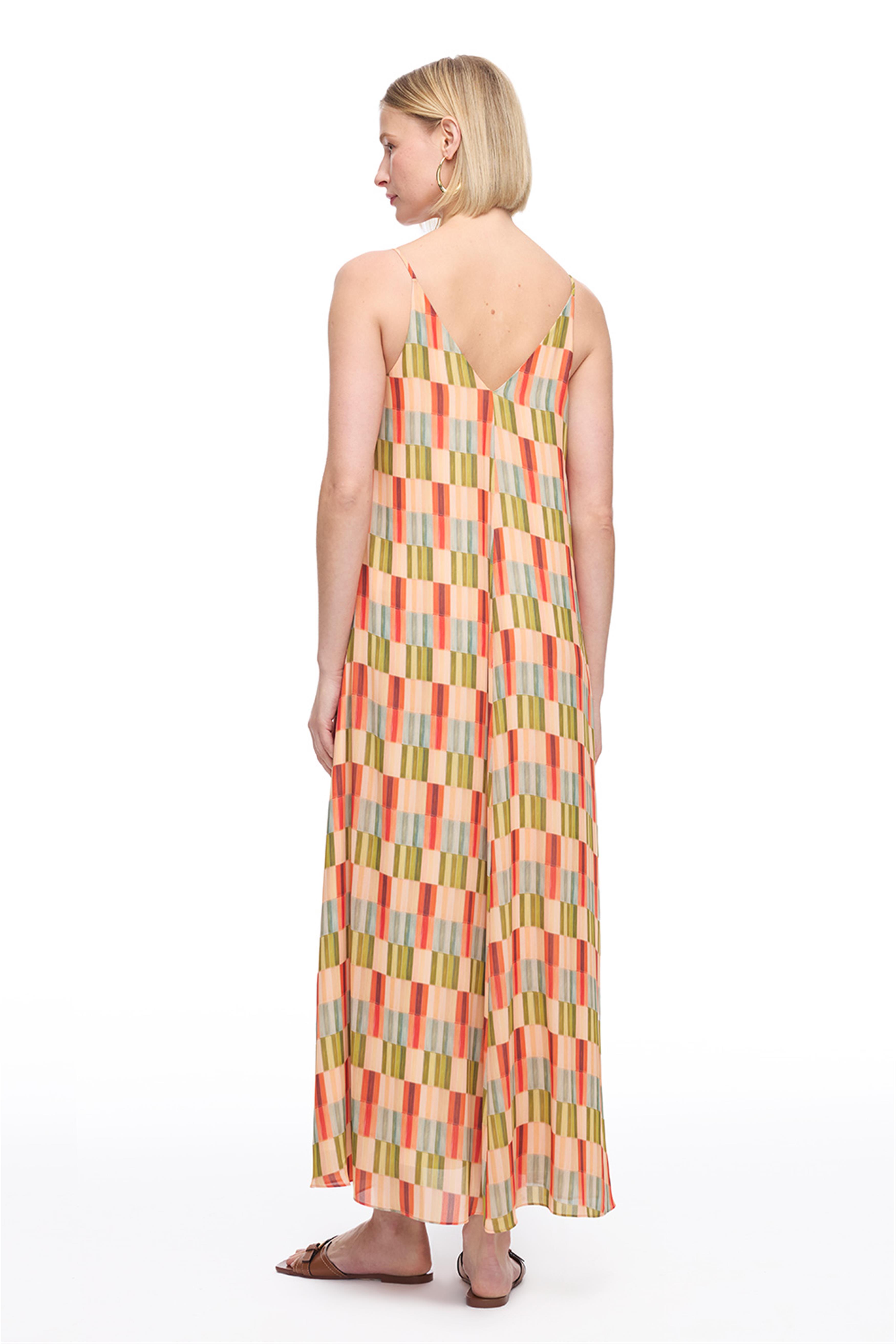 Çok Renkli V-Yaka Askılı Geometrik Desenli Uzun Elbise