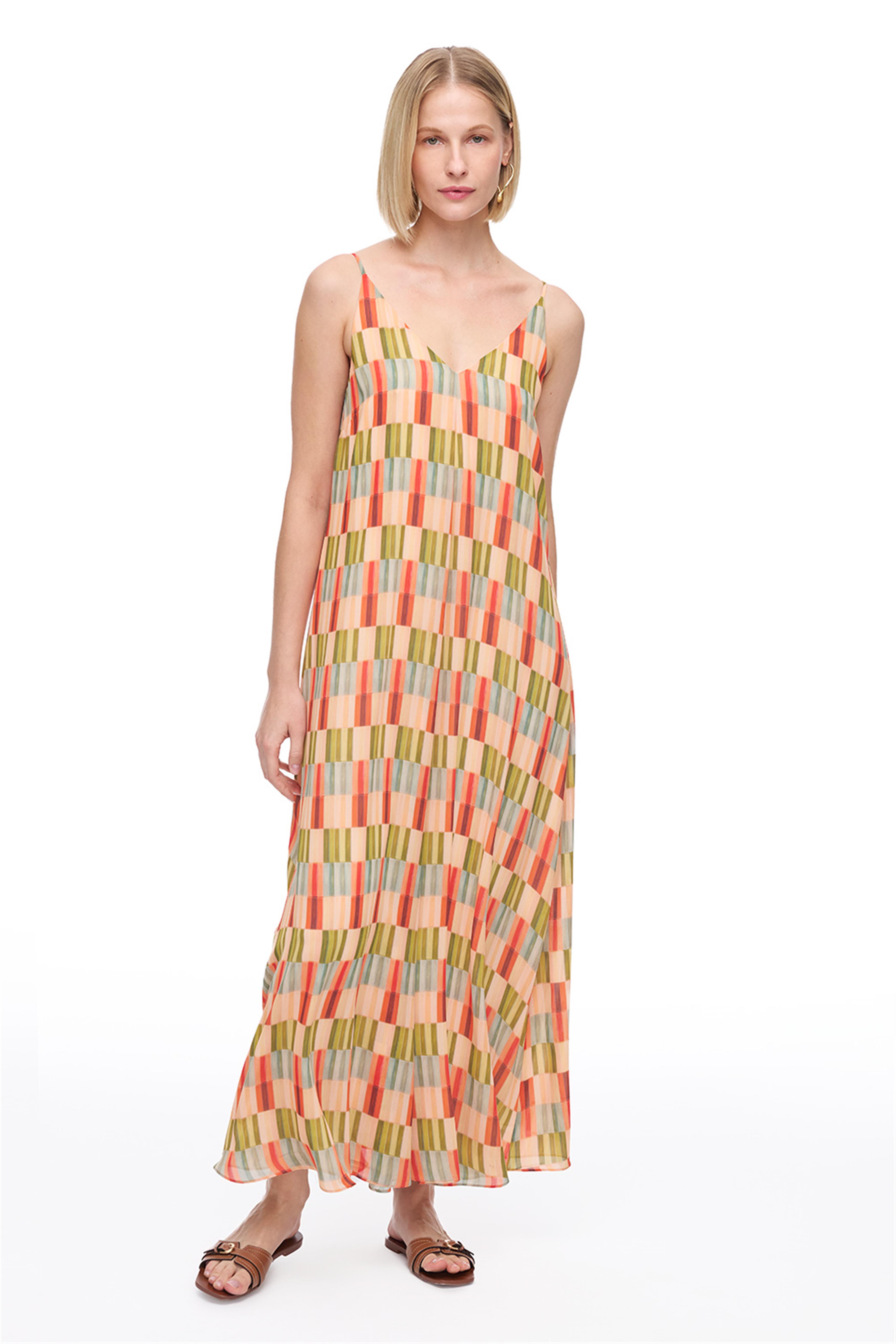 Çok Renkli V-Yaka Askılı Geometrik Desenli Uzun Elbise