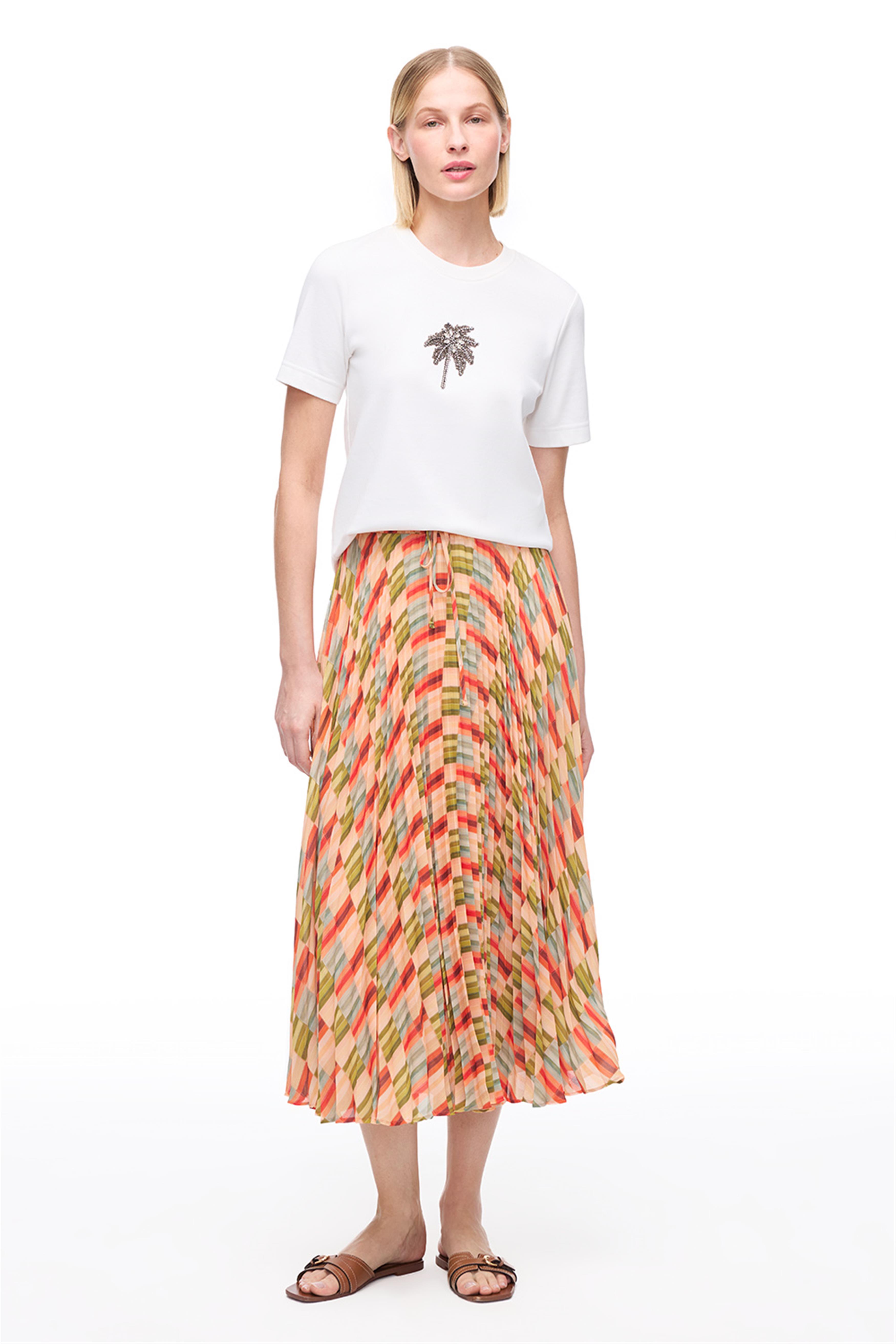 Çok Renkli Yüksek Bel Düz Kesim Midi Etek