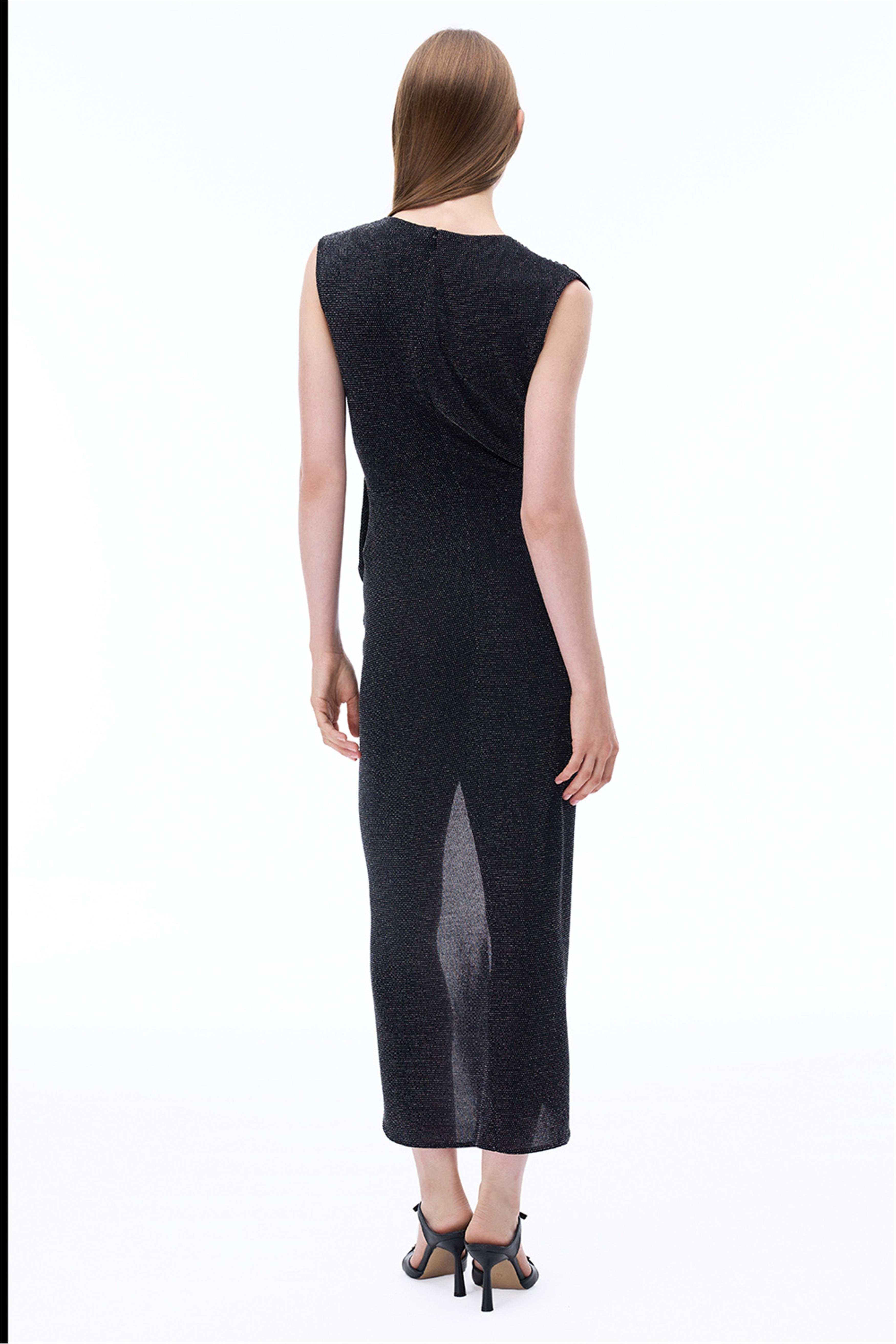 Dantes Slim Fit Midi Boy Sıfır Kol Bisiklet Yaka Sıyah gumus Elbise