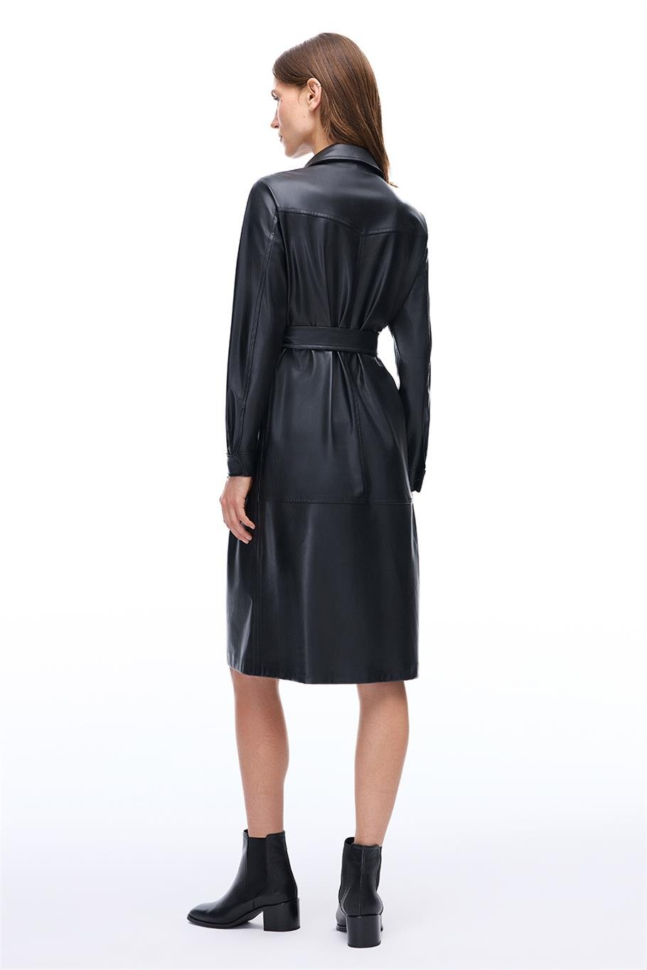 Dark Regular Fit Diz Altı Takma Kol Gömlek Yaka Siyah Elbise