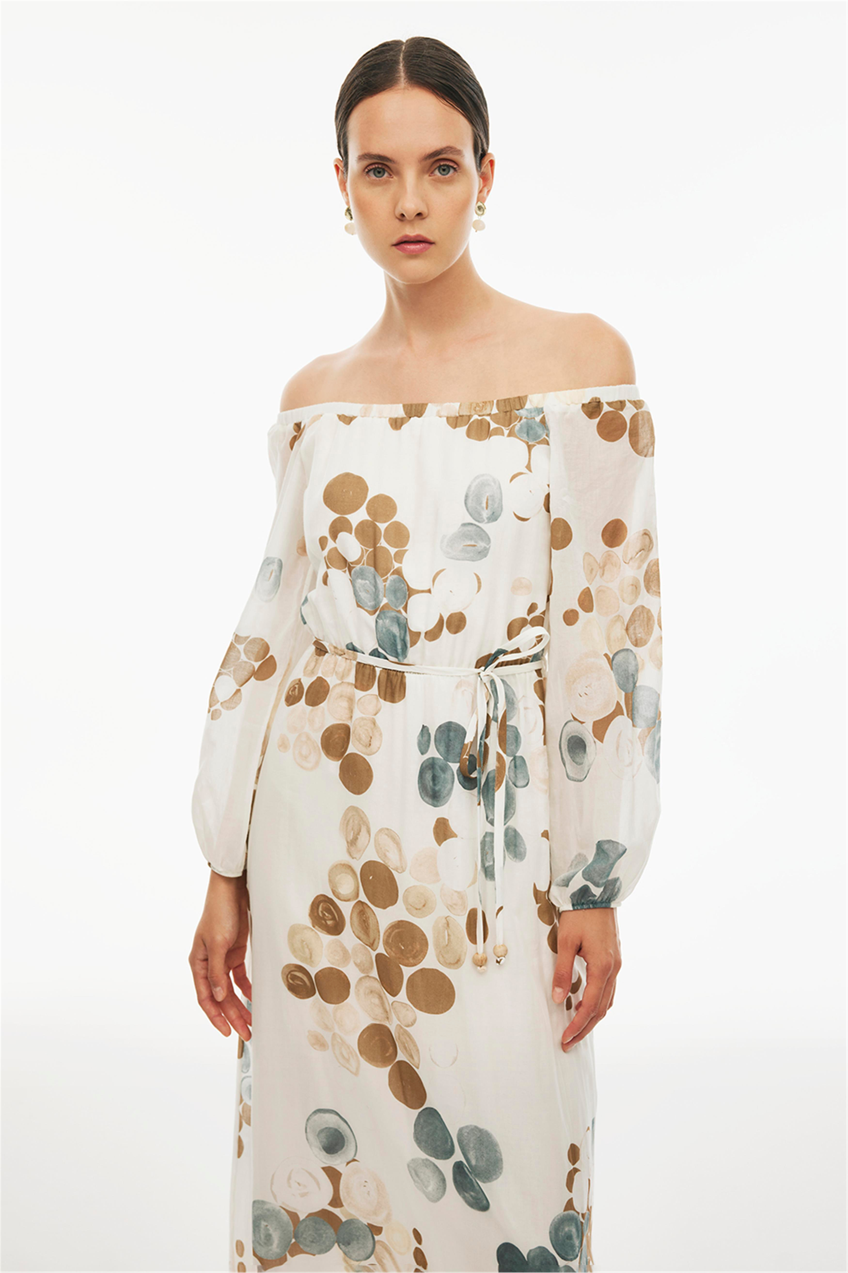 Daylight Regular Fit Puantiye Desenli Bilek Boy Reglan Kol Kayık Yaka Çok Renkli Elbise