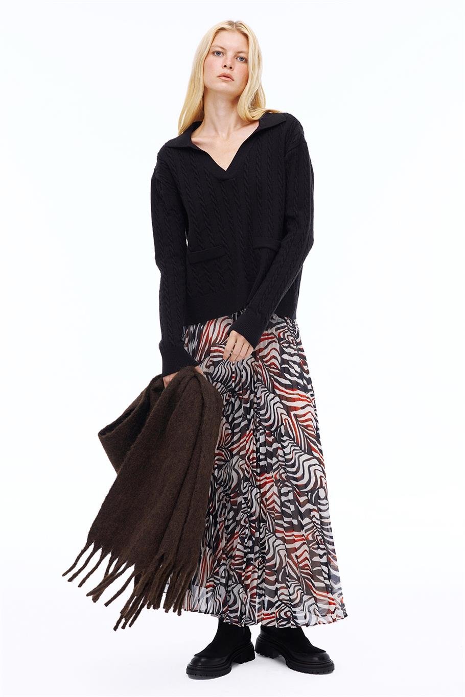 Deannas Rahat Kalıp Zebra Desen Midi Boy Çok Renkli Etek