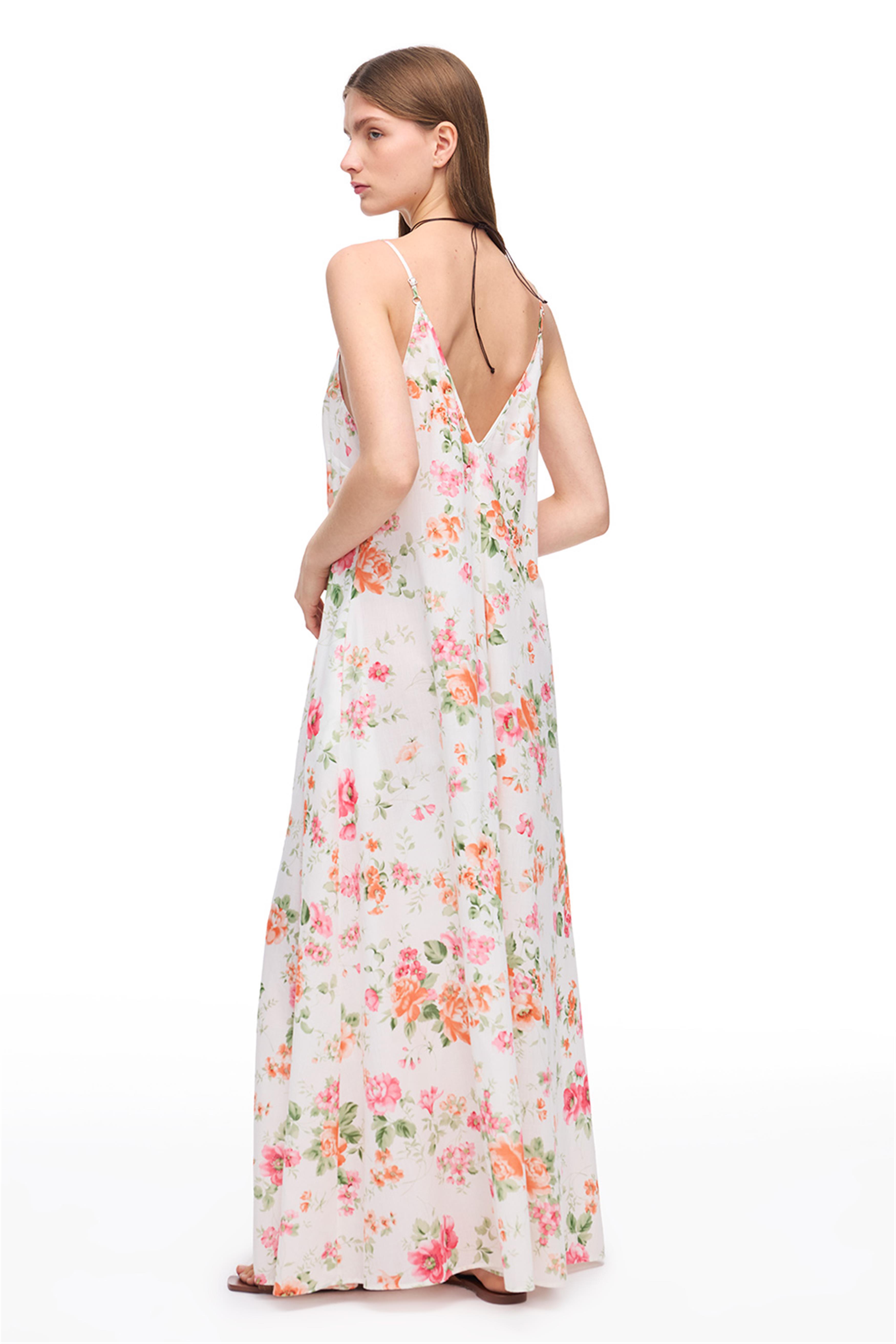 Ekru Çiçek Desenli Uzun Elbise