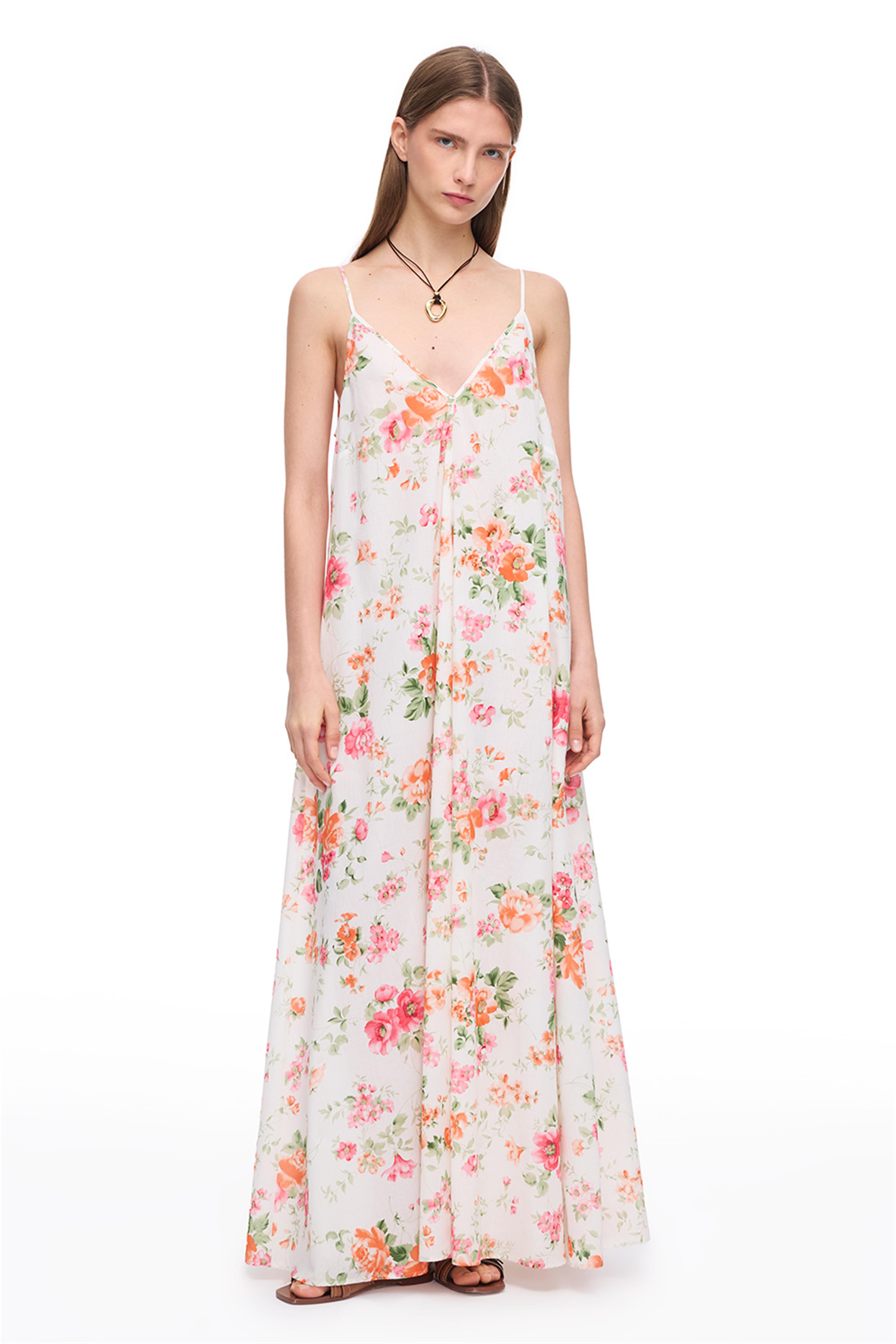 Ekru Çiçek Desenli Uzun Elbise