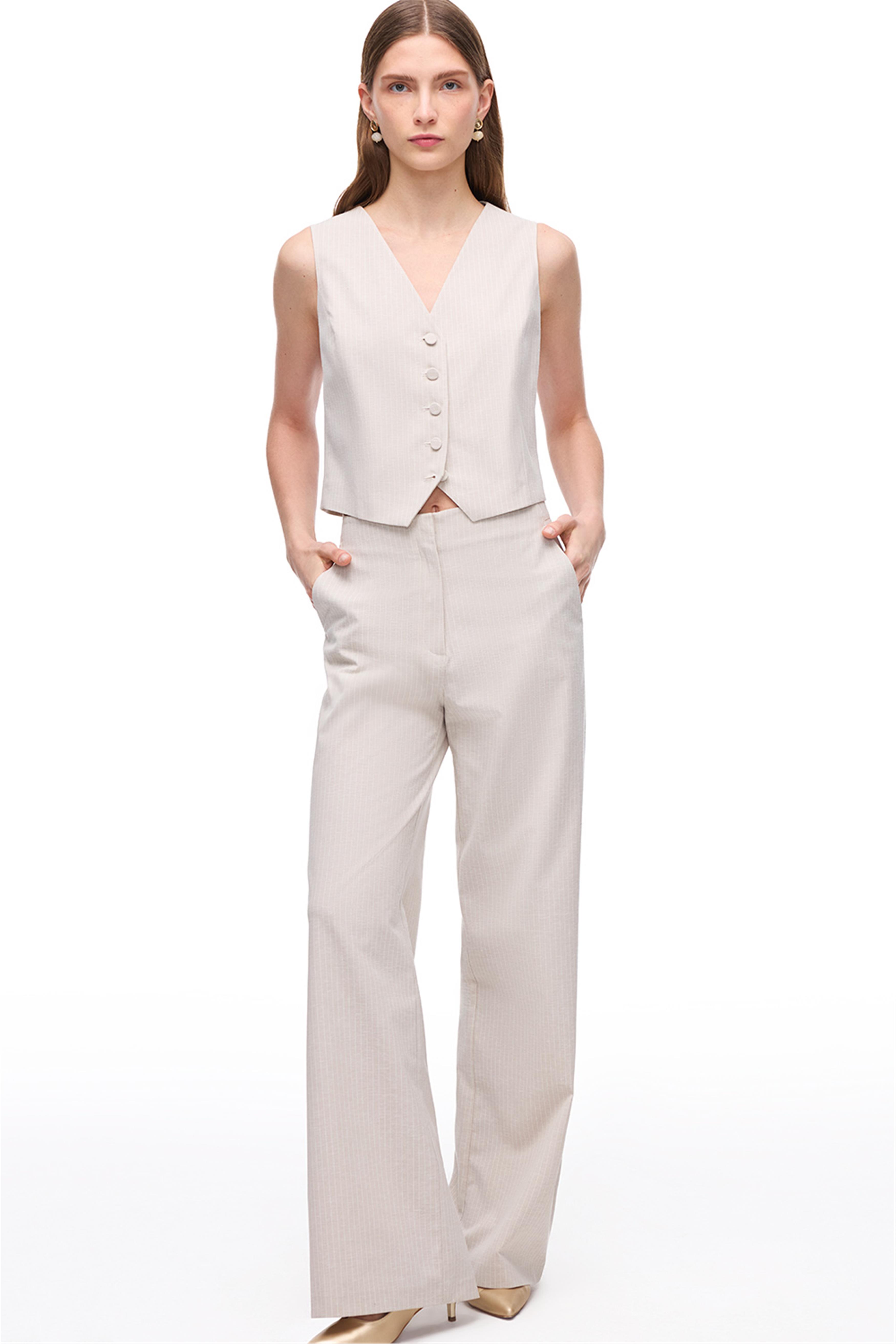 Ekru Çizgili V Yaka Yelek