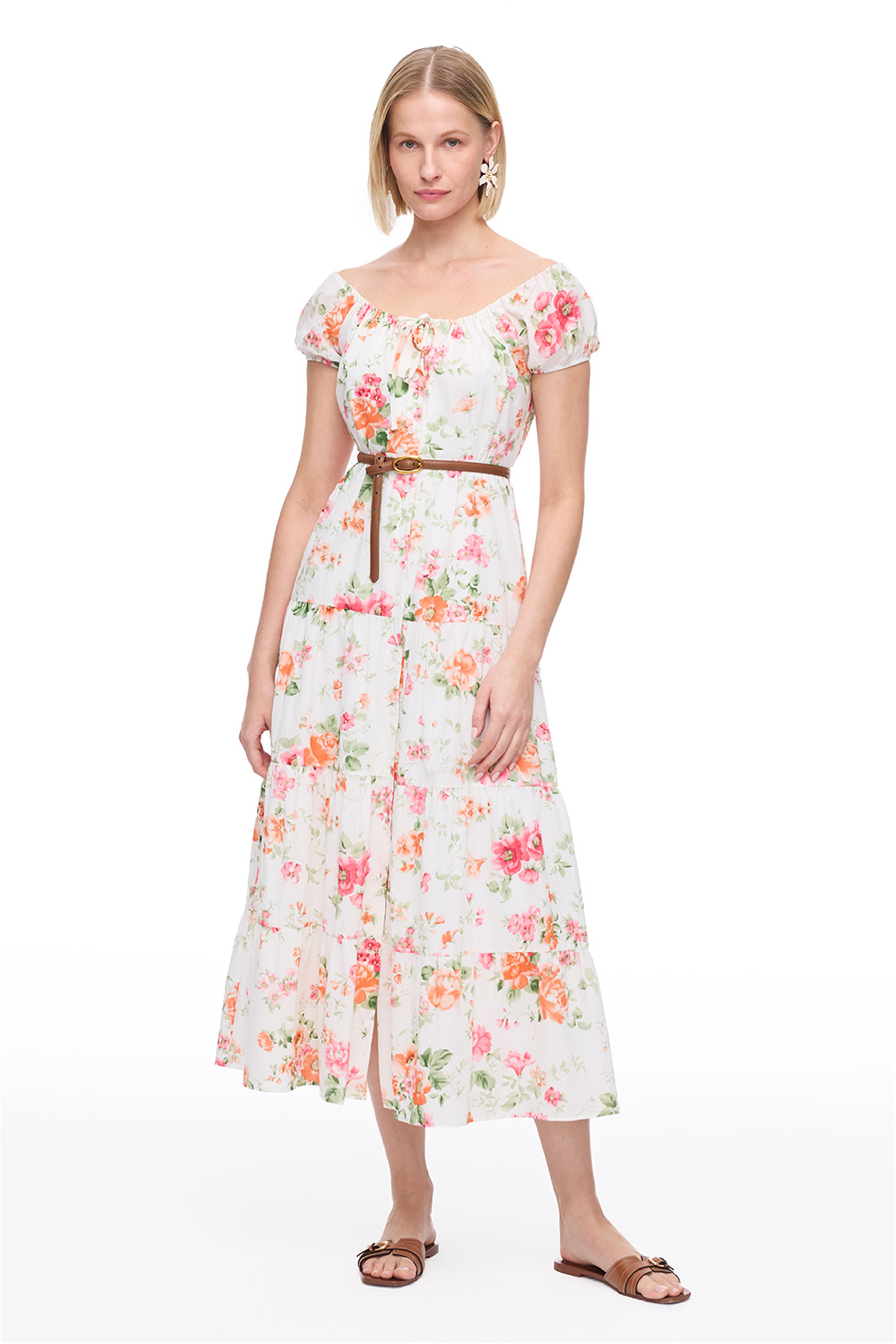 Ekru Clios Regular Fit Çiçekli Uzun Boy Elbise