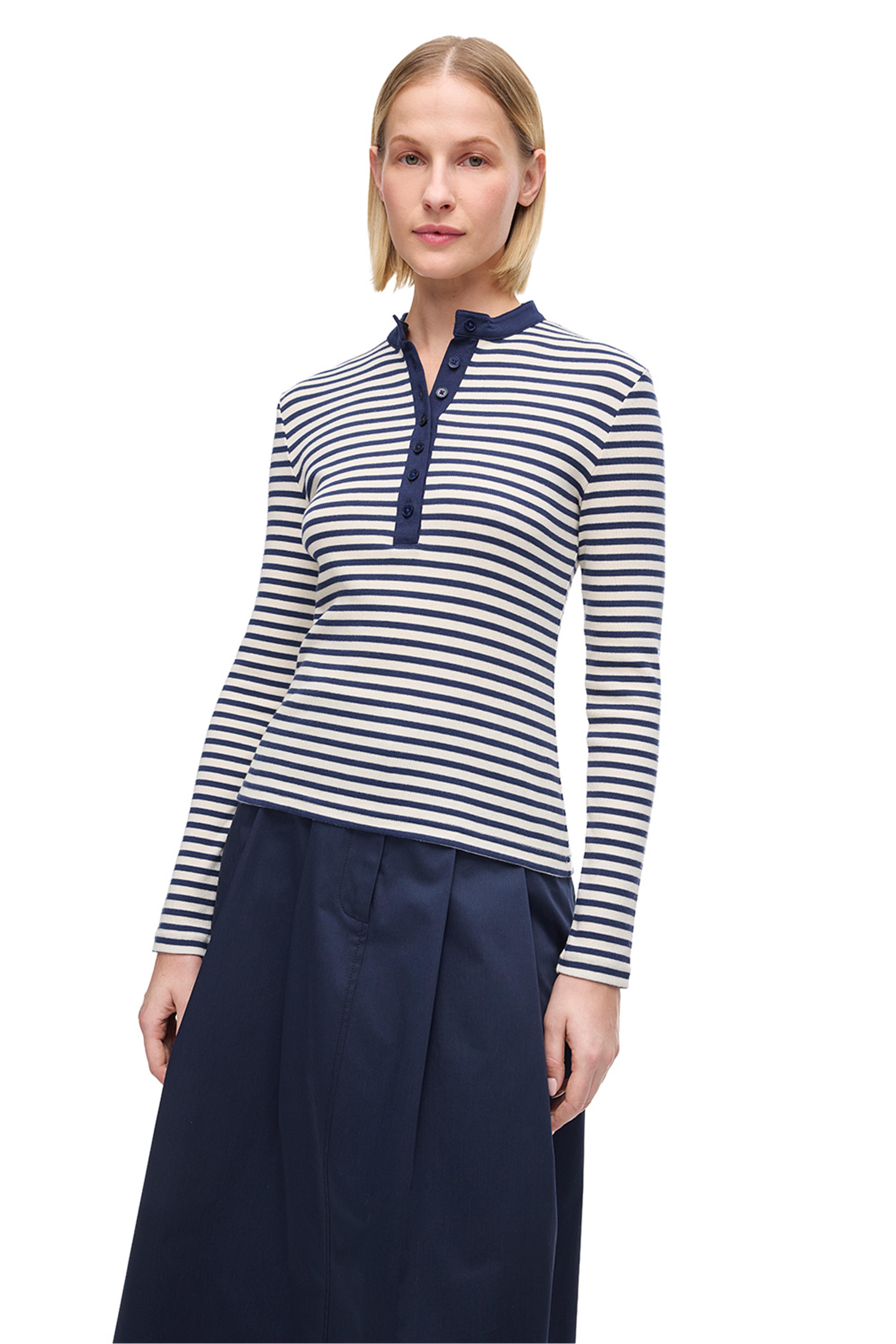 Ekru Lacivert Düğmeli Uzun Kollu Pamuklu Tişört