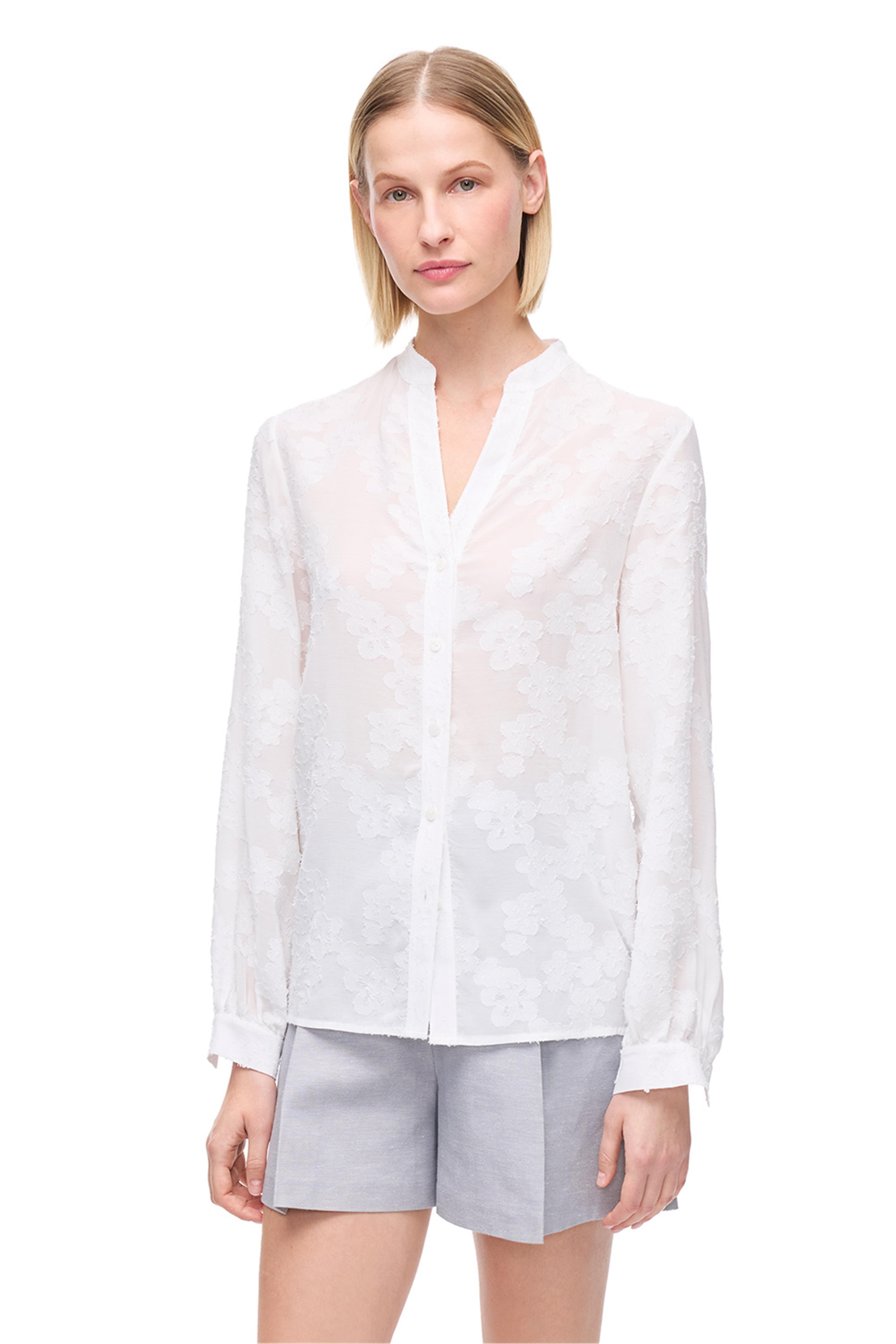 Ekru V Yaka Uzun Kollu Gömlek