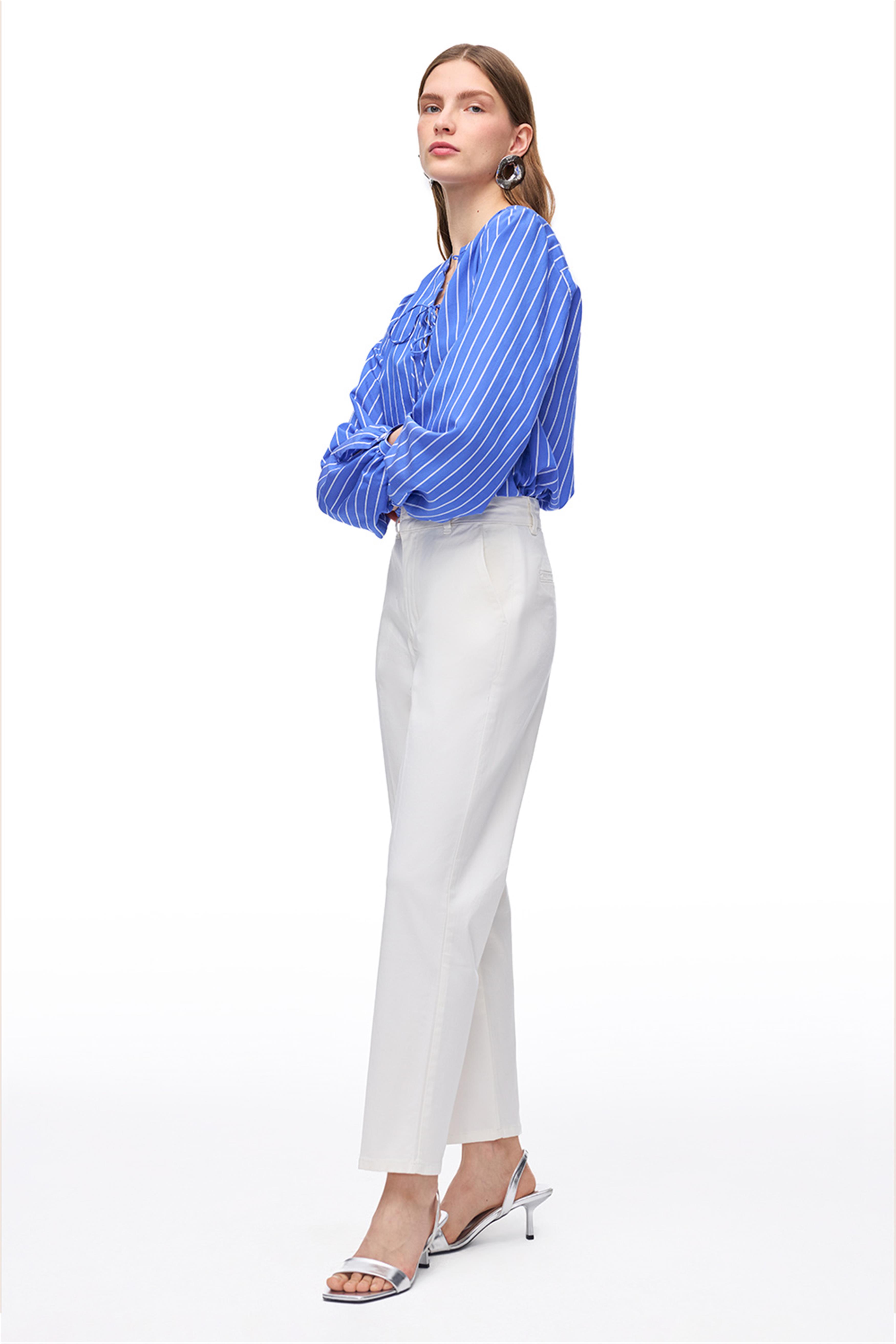 Ekru Yüksek Bel Bilek Boy Düz Paça Denim Pantolon