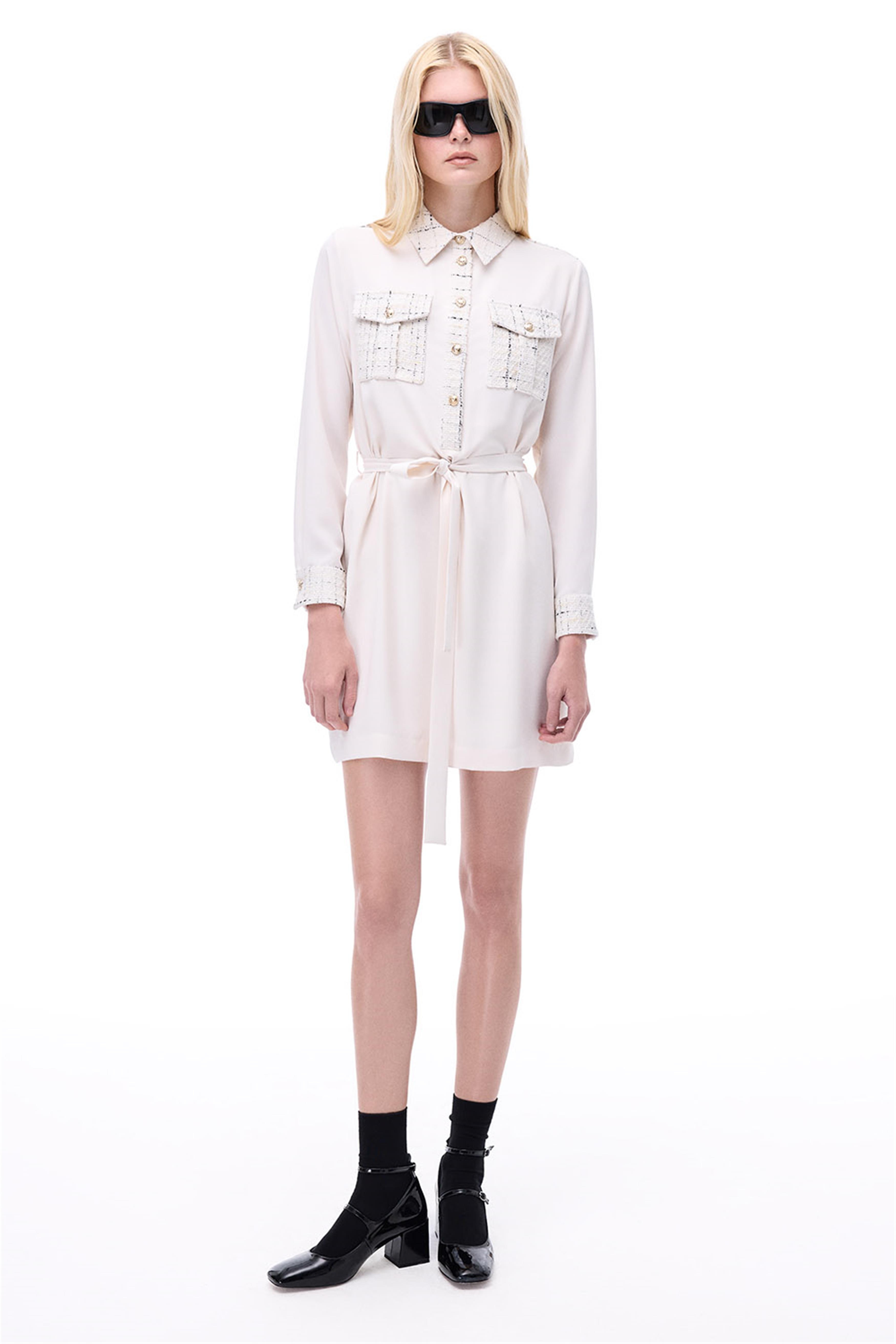 Farewell Regular Fit Diz Üstü Takma Kol Gömlek Yaka Bej Renk Elbise