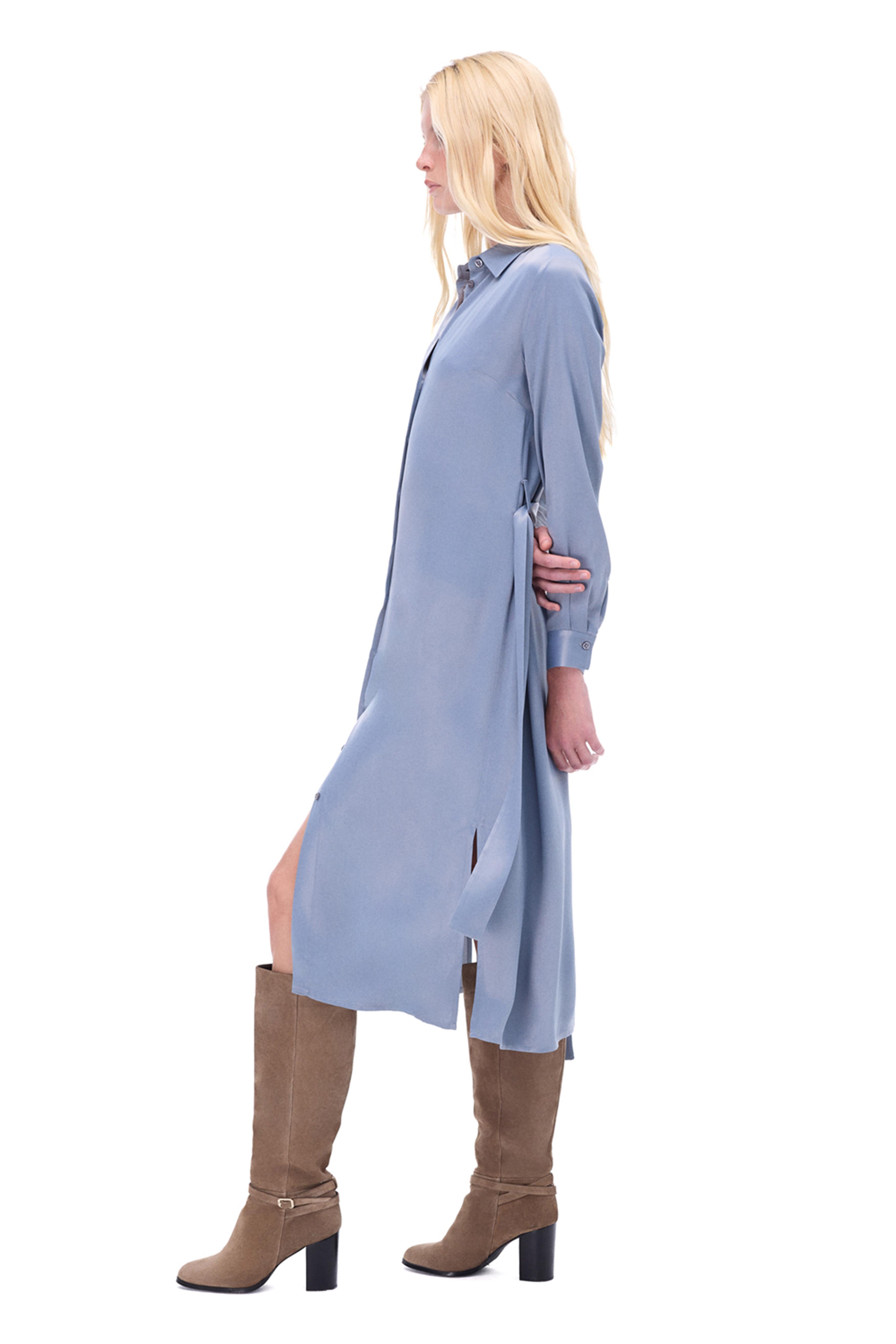 Gri Gömlek Yaka Midi Elbise