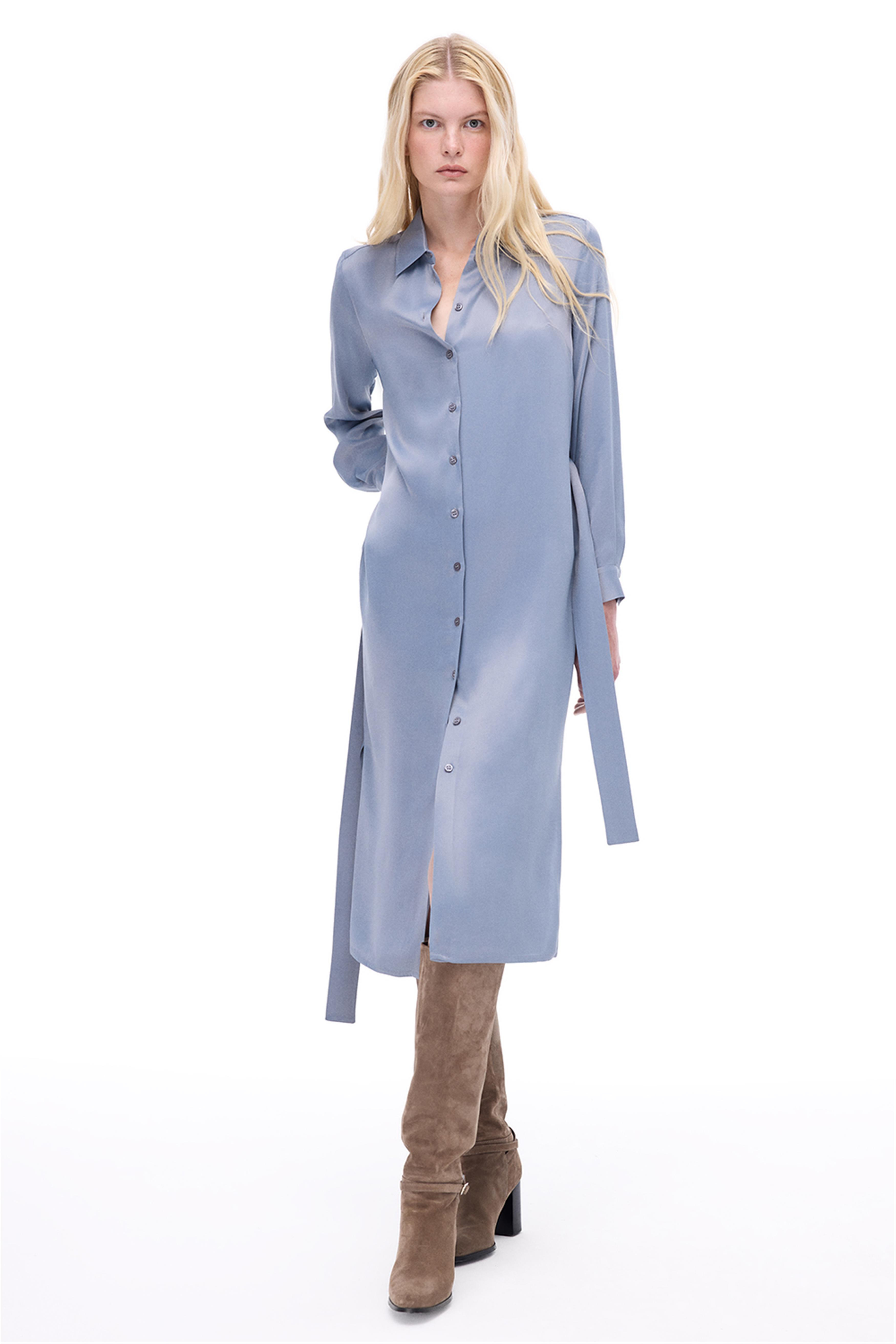 Gri Gömlek Yaka Midi Elbise