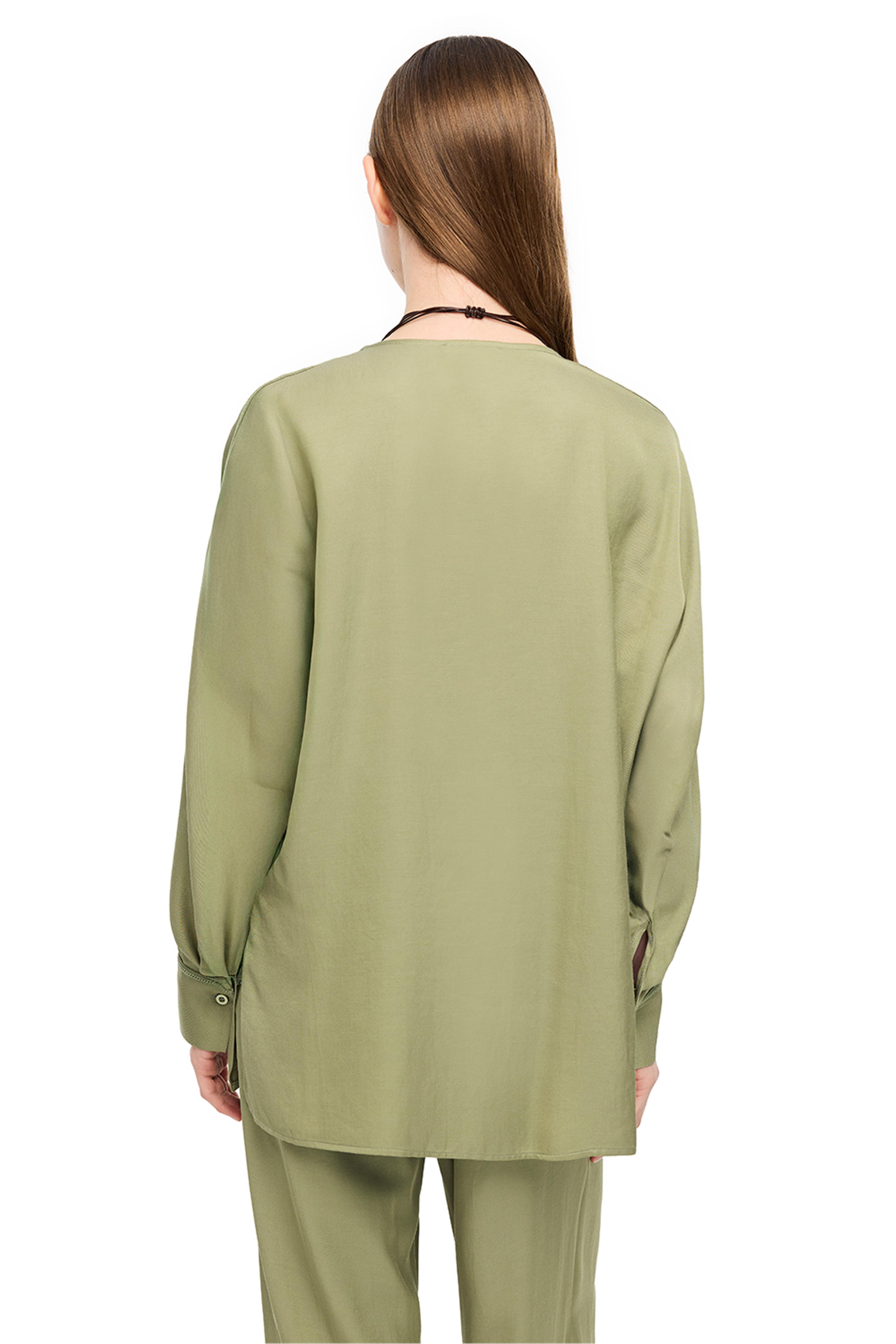 Haki Gömlek Yaka Uzun Kollu İpek Karışımlı Bluz