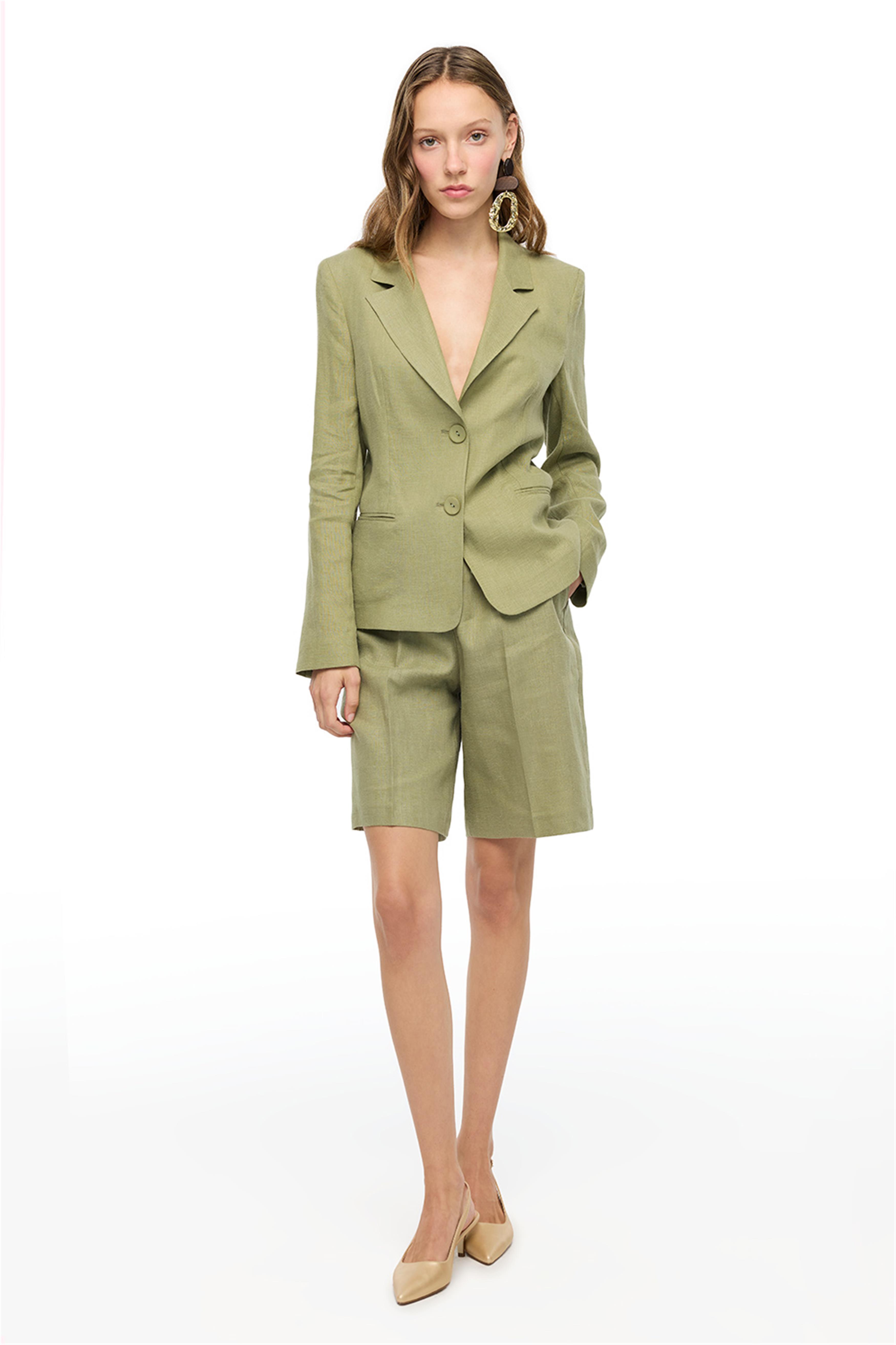 Haki Klasik Yaka Keten Takım Ceket