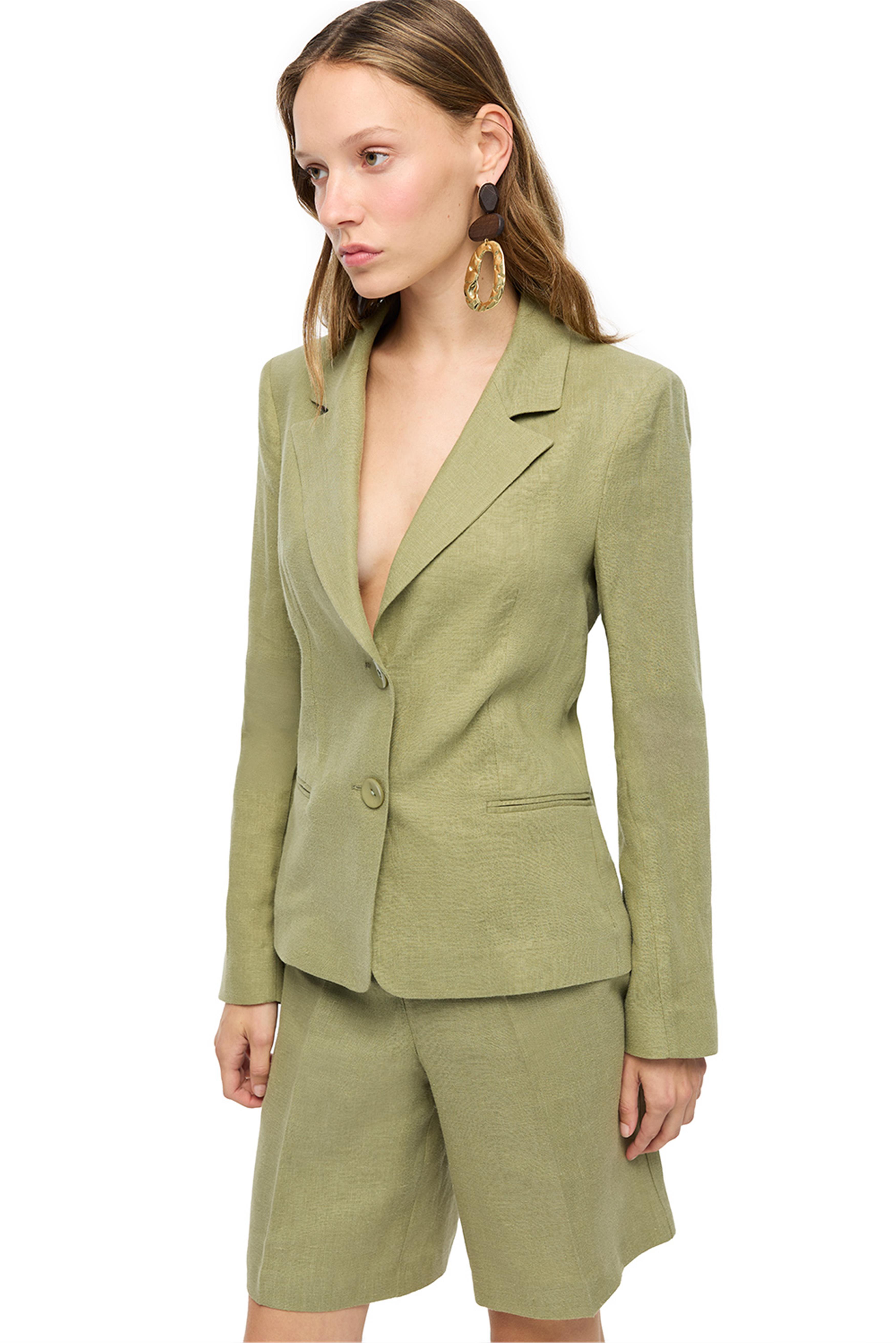 Haki Klasik Yaka Keten Takım Ceket