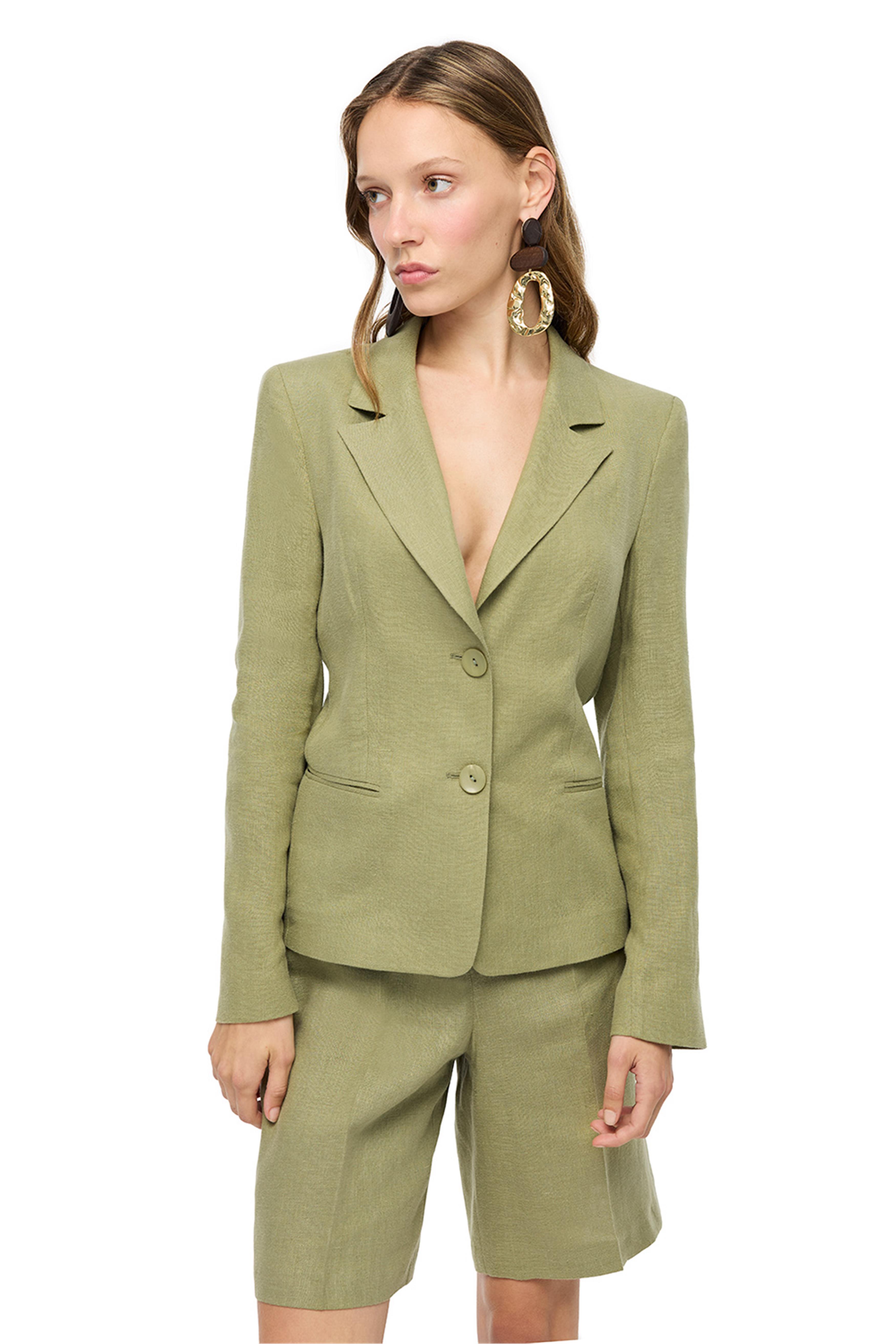 Haki Klasik Yaka Keten Takım Ceket