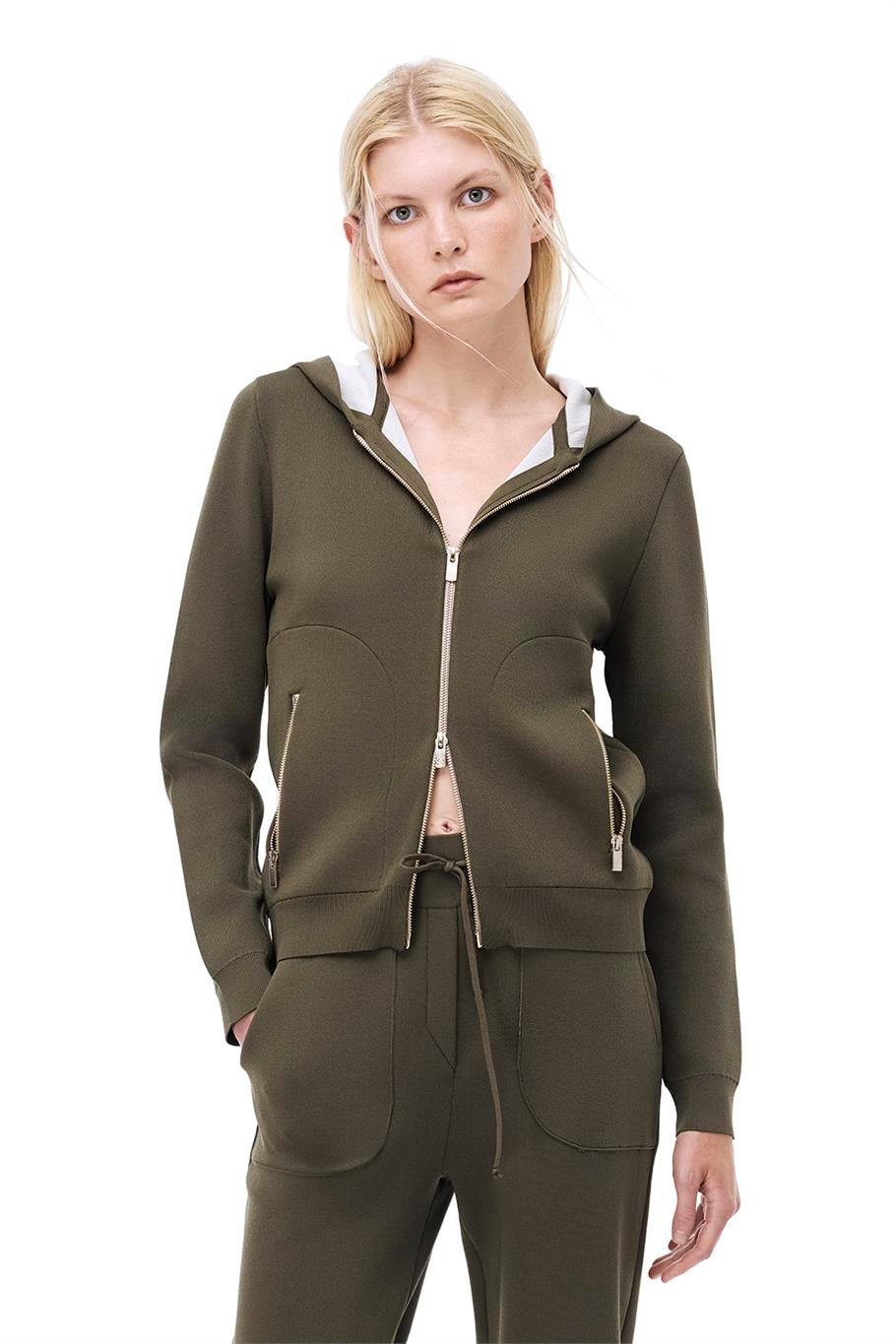 Haki Triko Rahat Kalıp Kapüşonlu Triko Hırka