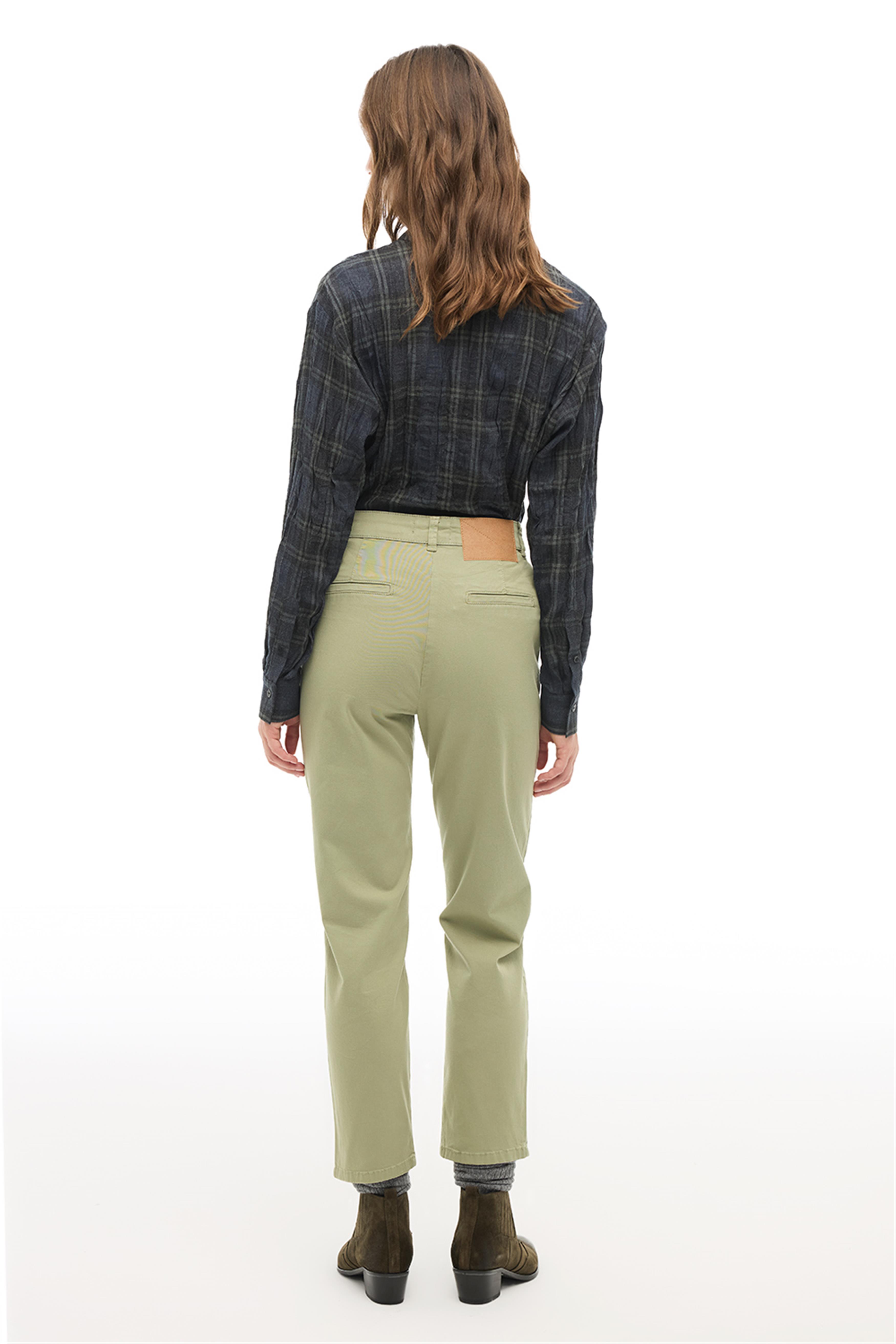 Haki Yüksek Bel Bilek Boy Düz Paça Denim Pantolon