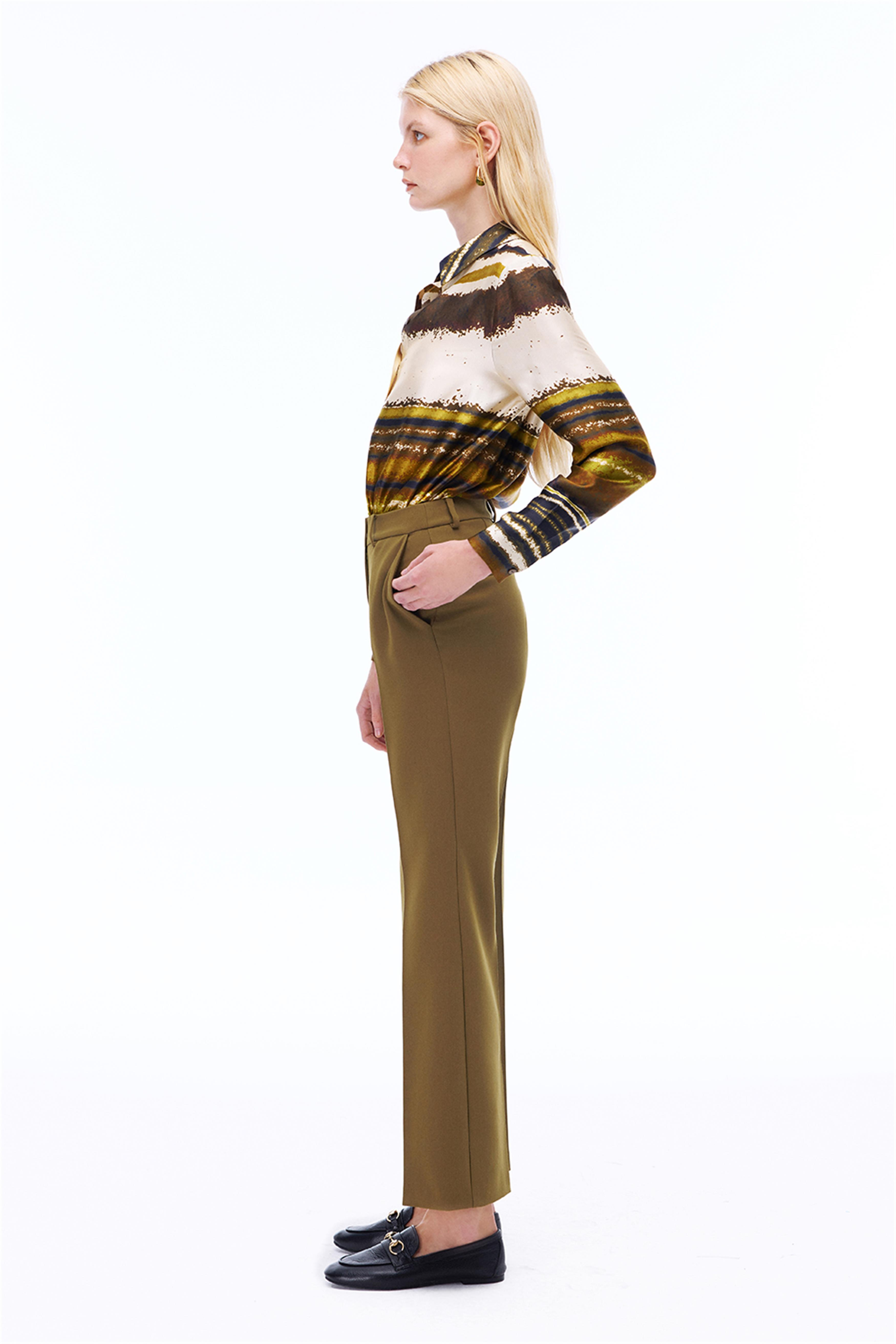 Haki Yüksek Bel Slim Fit Dar Paça Pantolon