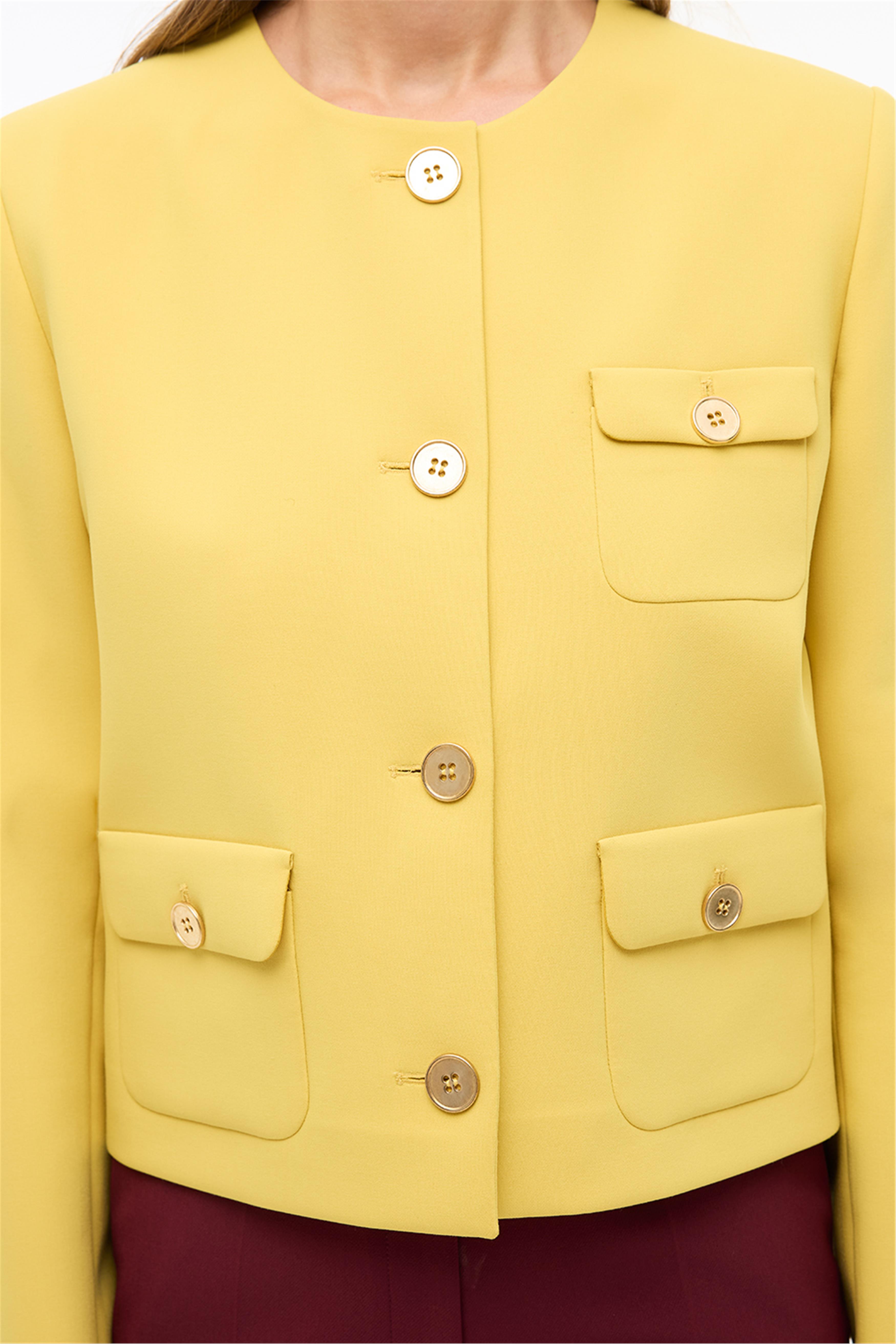 Hardal Yuvarlak Yaka Kısa Ceket