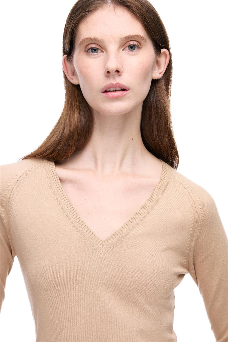 İllas Regular Fit Standart Boy V Yaka Uzun Kollu Devetüyü Renk Kadın Triko Bluz