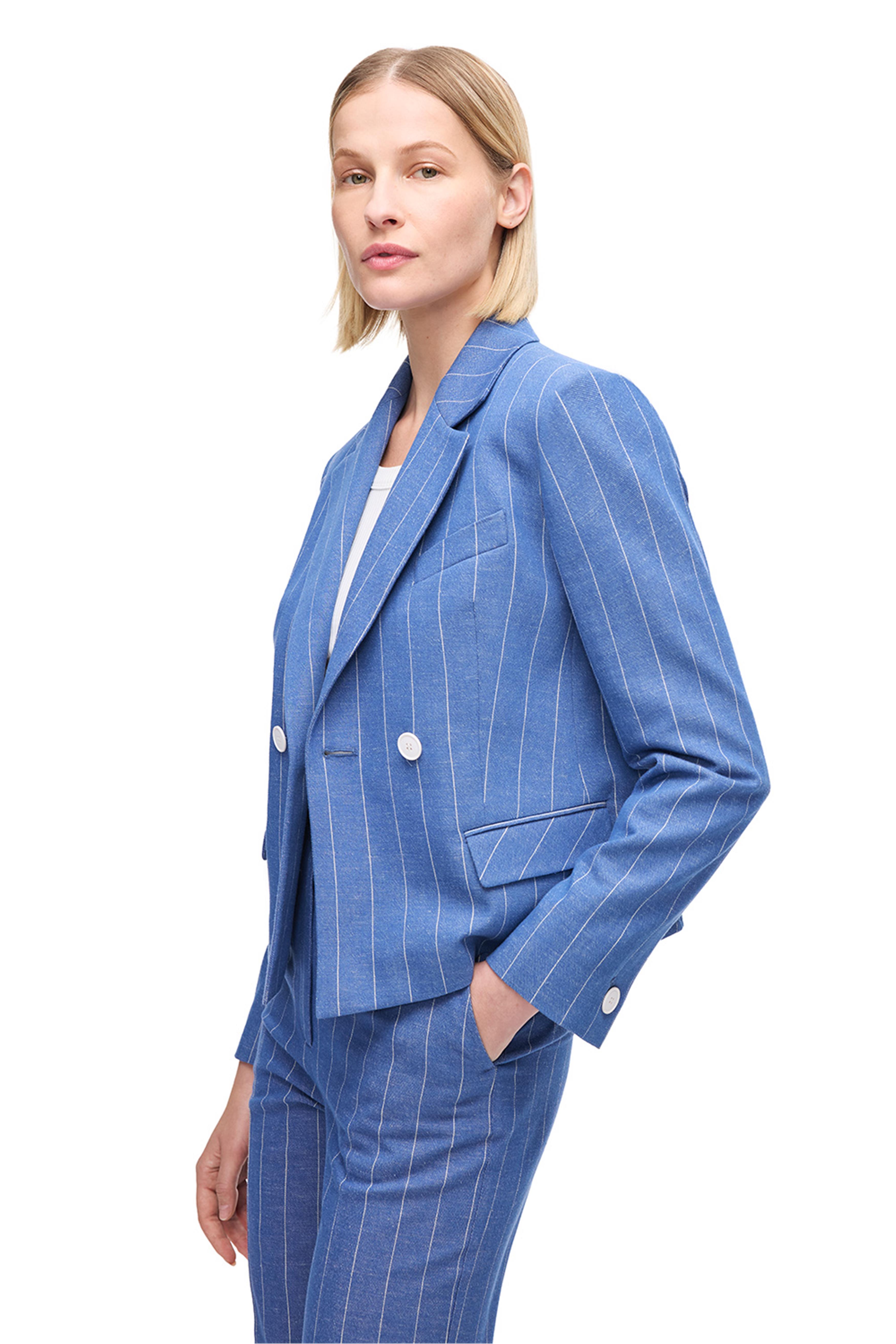 İndigo Pamuk Keten Karışımlı Çizgili Ceket