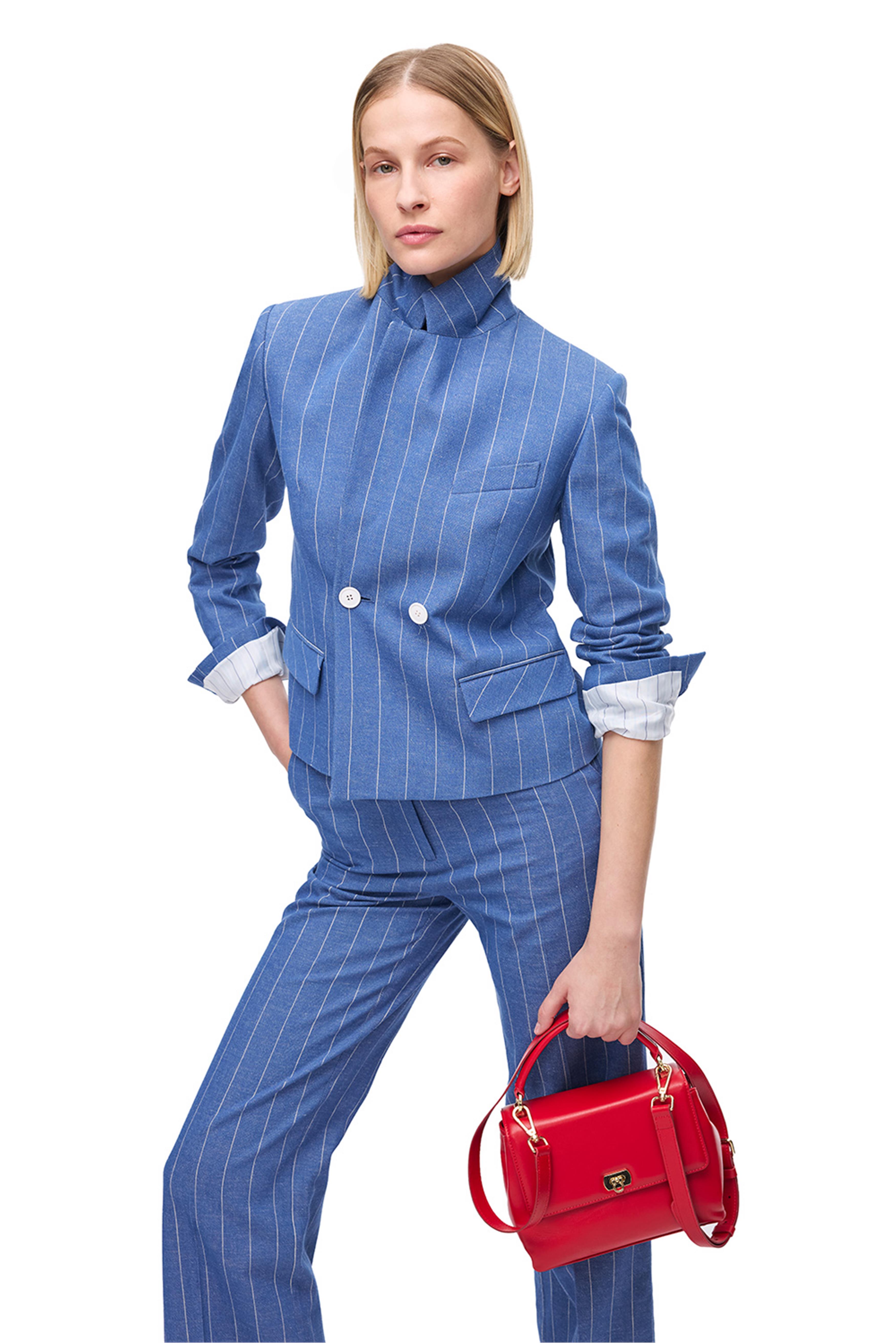 İndigo Pamuk Keten Karışımlı Çizgili Ceket