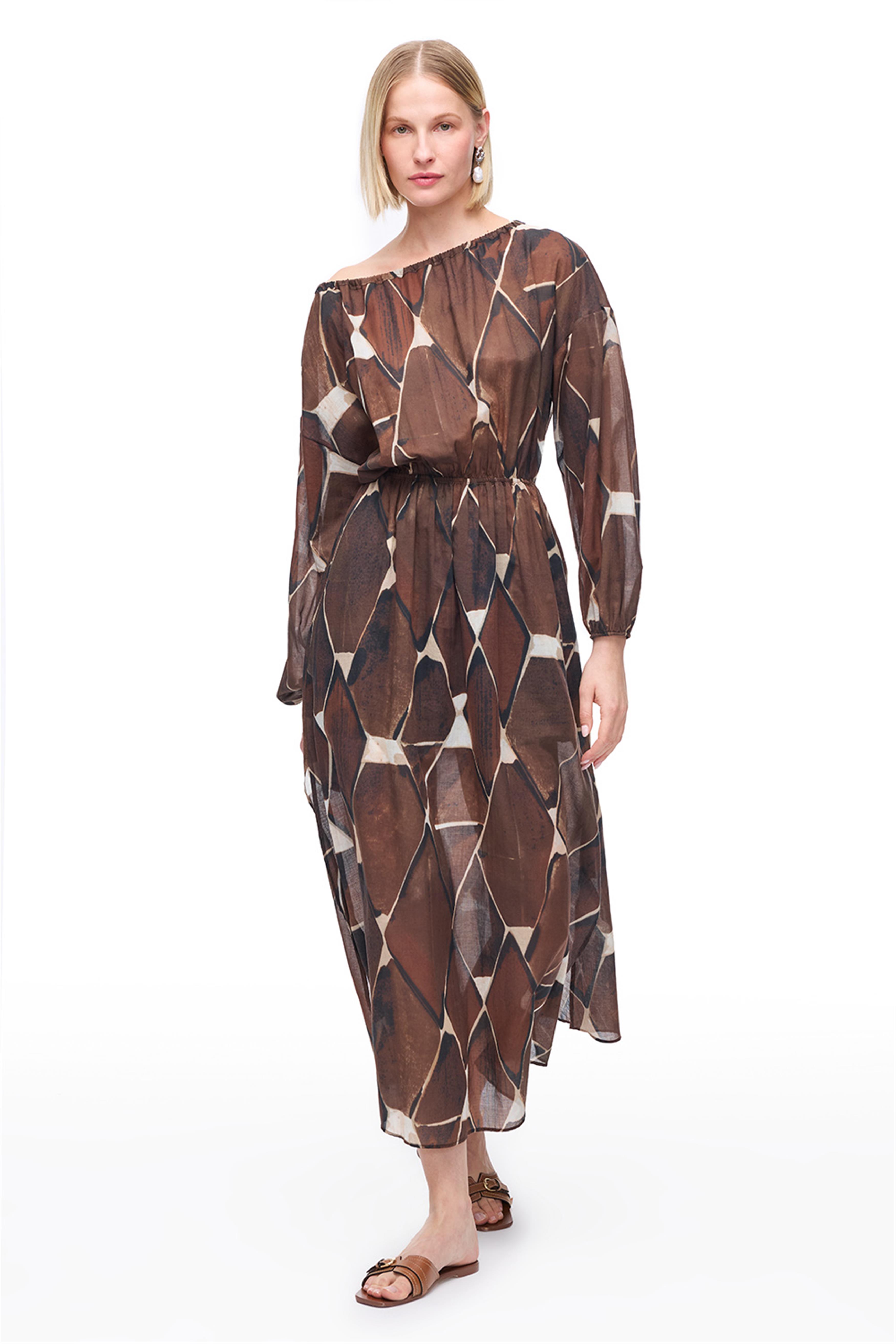 Kahverengi Geometrik Desenli Uzun Elbise