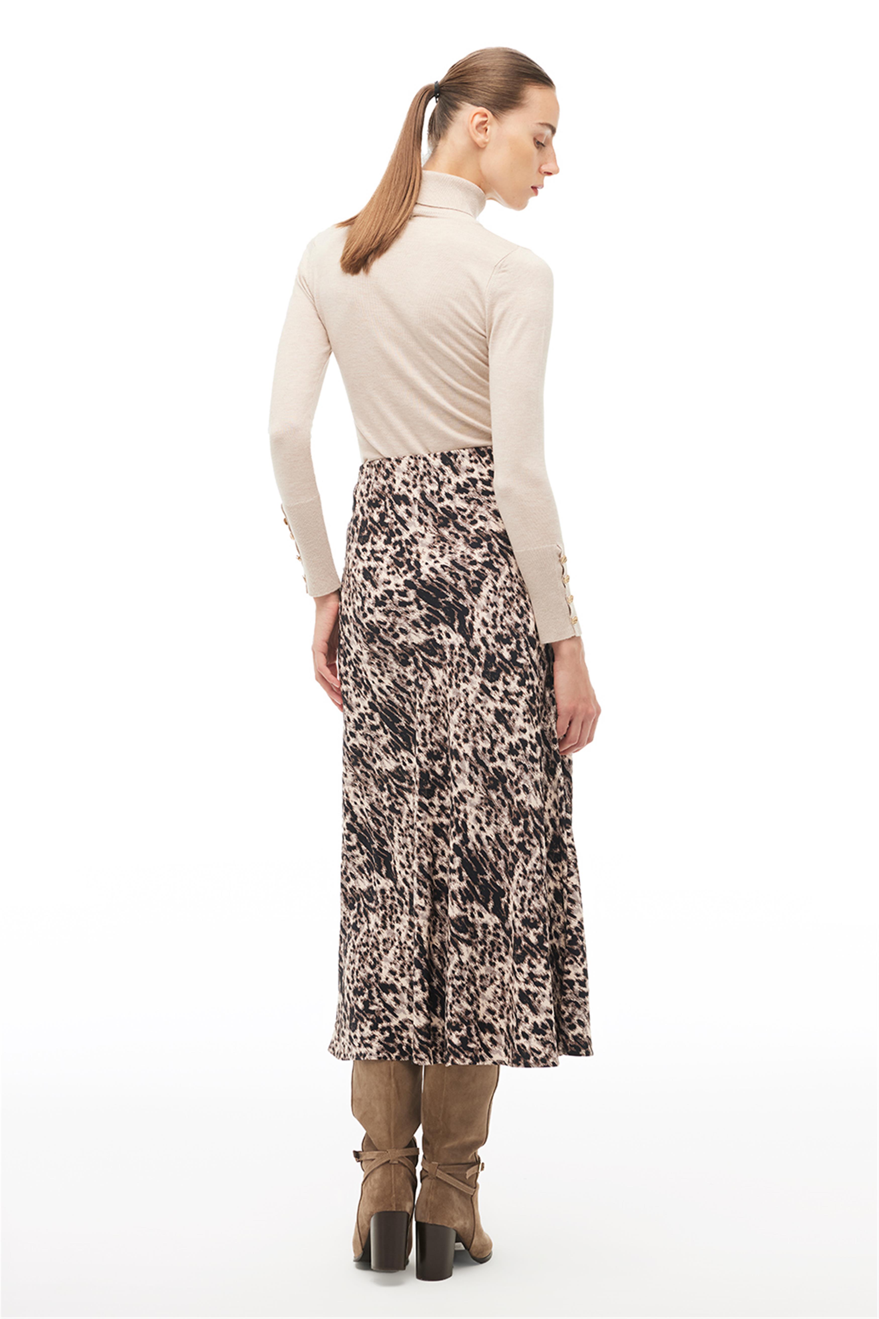Kahverengi Yüksek Bel Leopar Midi Etek
