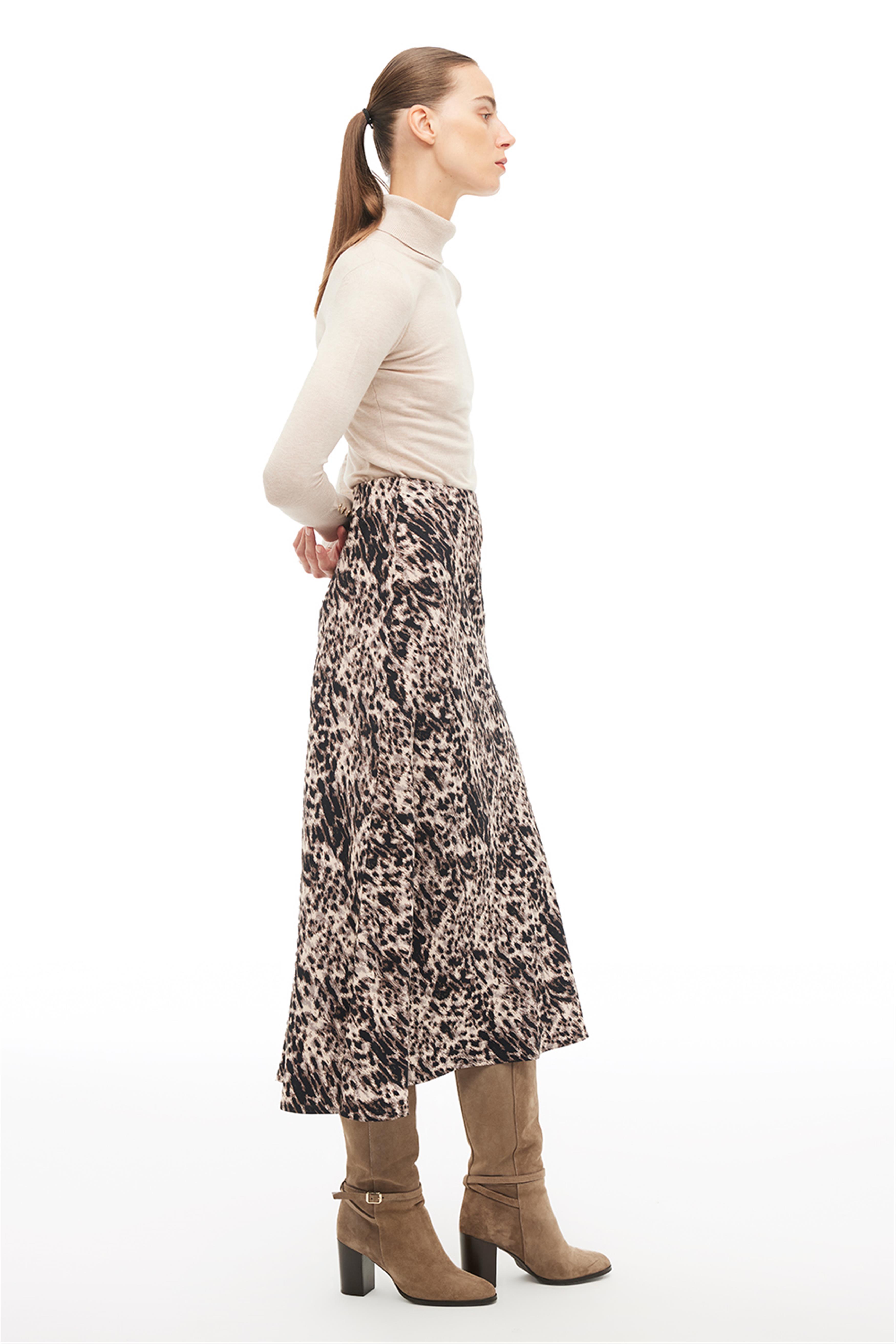 Kahverengi Yüksek Bel Leopar Midi Etek