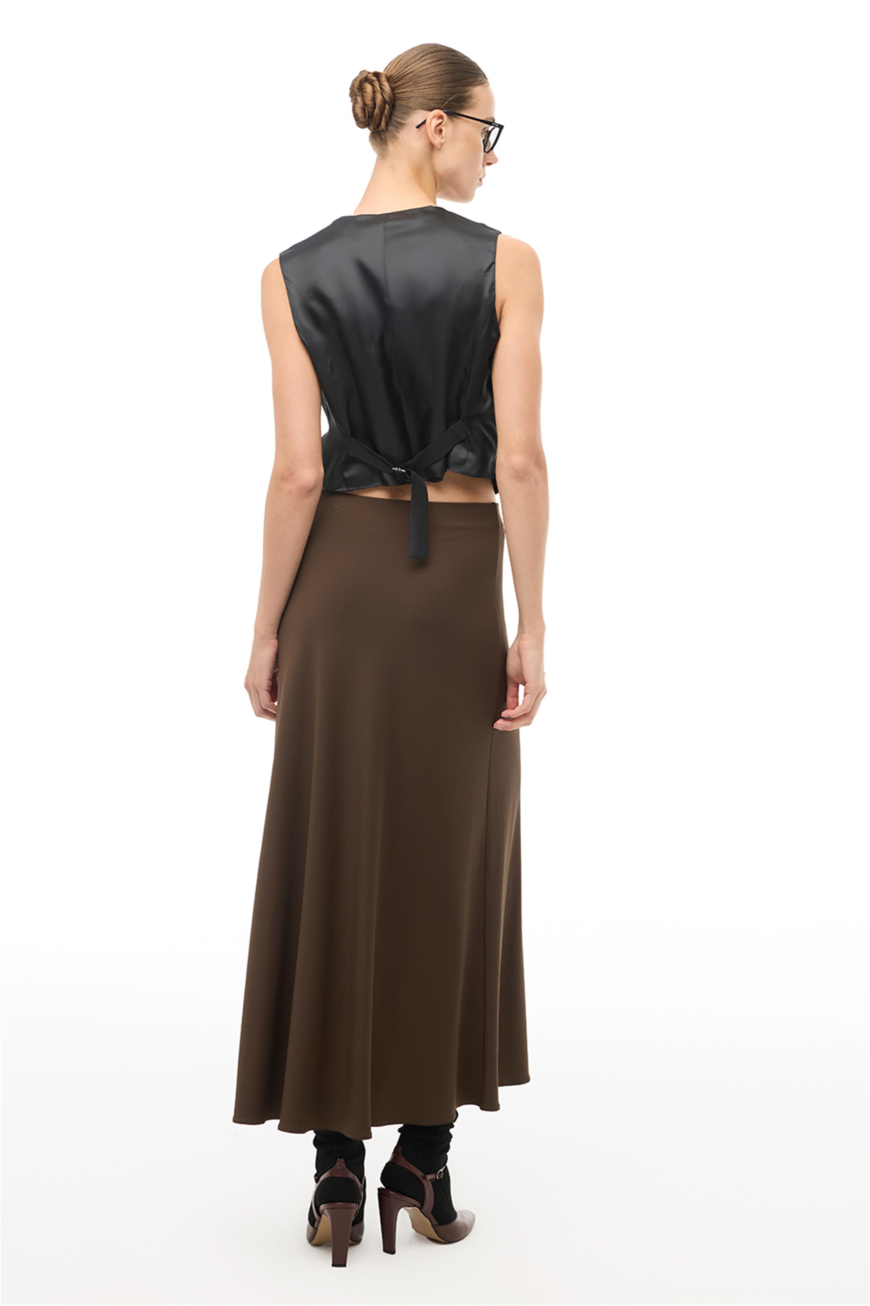 Kahverengi Yüksek Bel Midi Etek