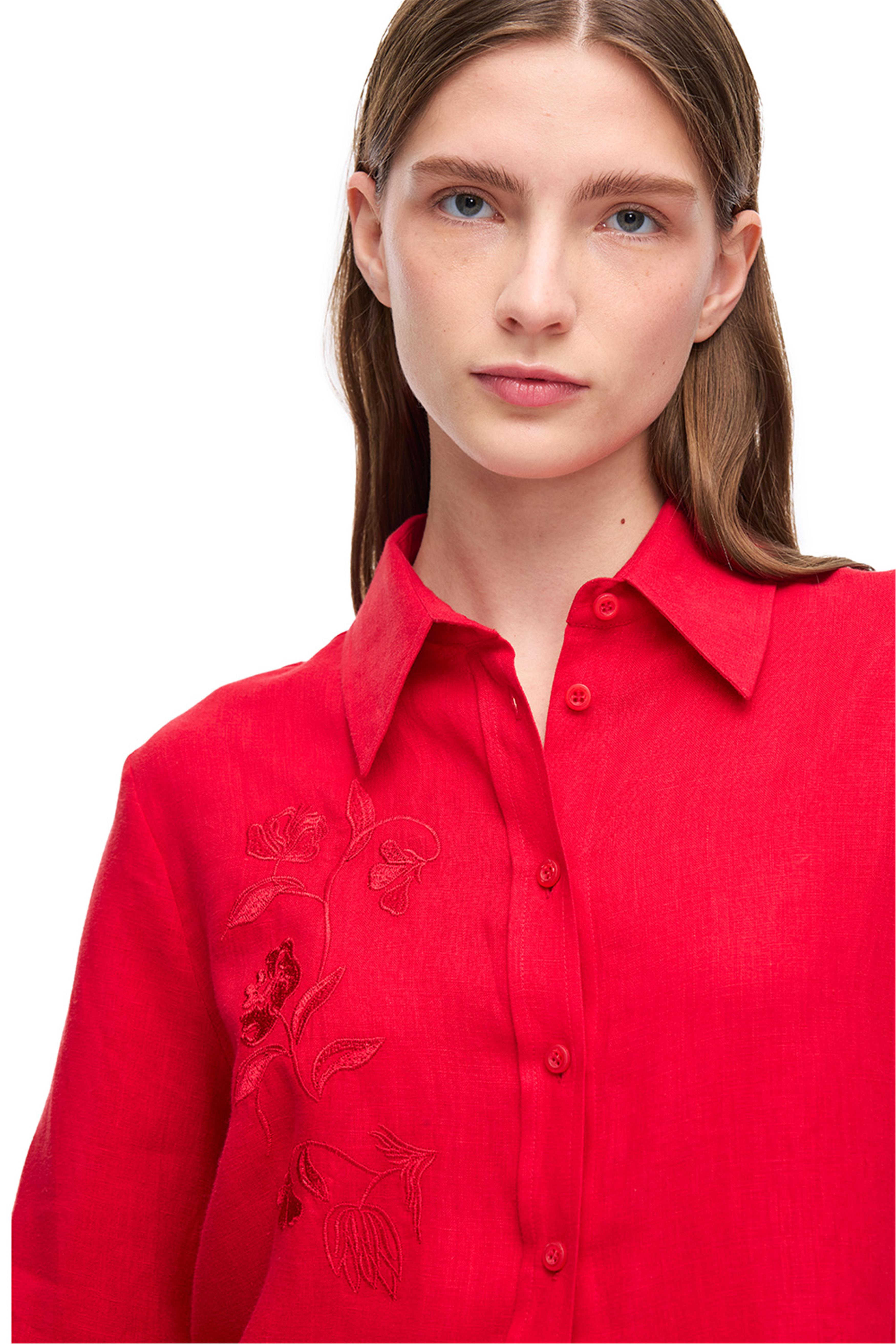 Kırmızı Düşük Omuzlu Keten Gömlek