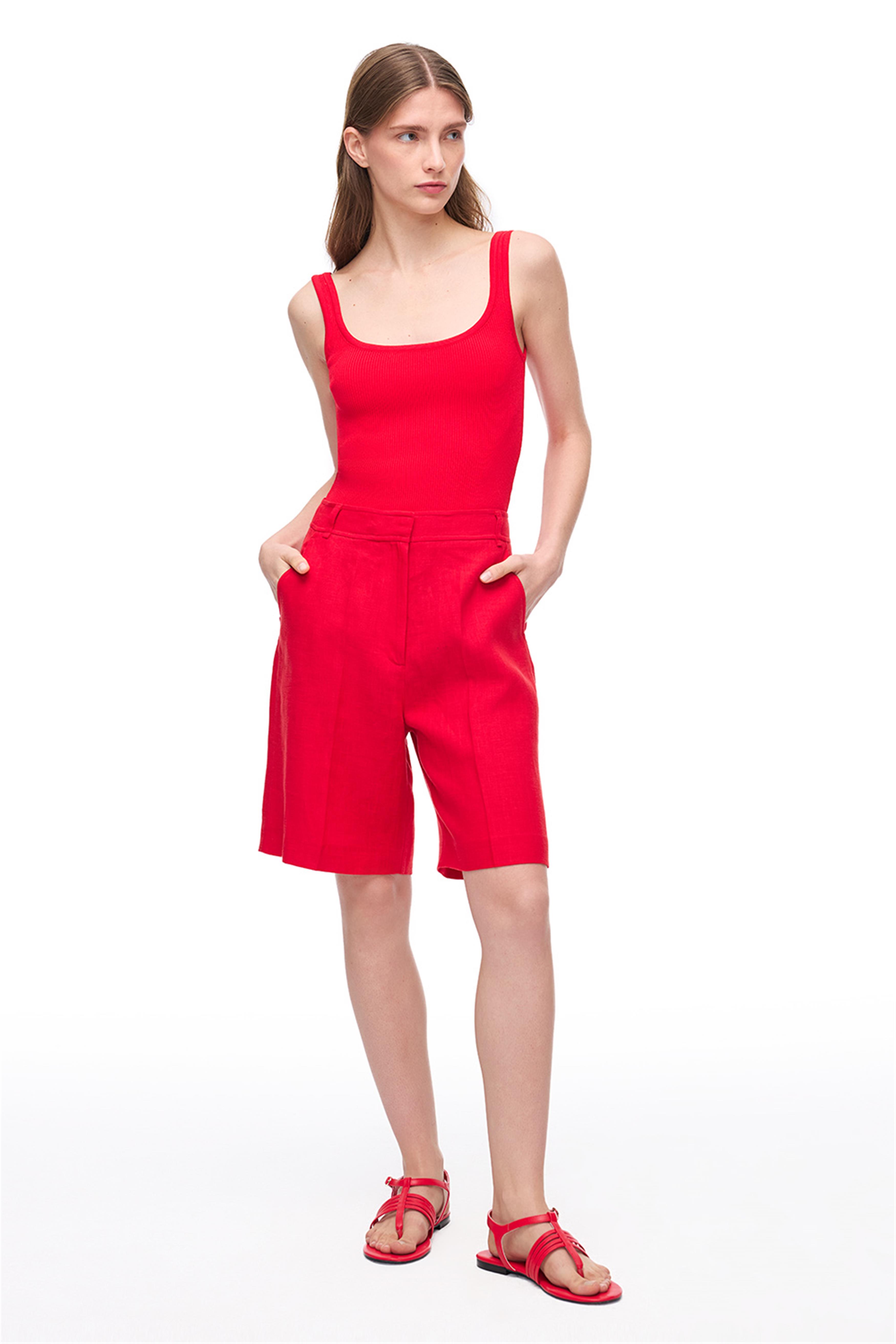 Kırmızı Holas Regular Fit Yüksek Bel Diz Üstü Şort