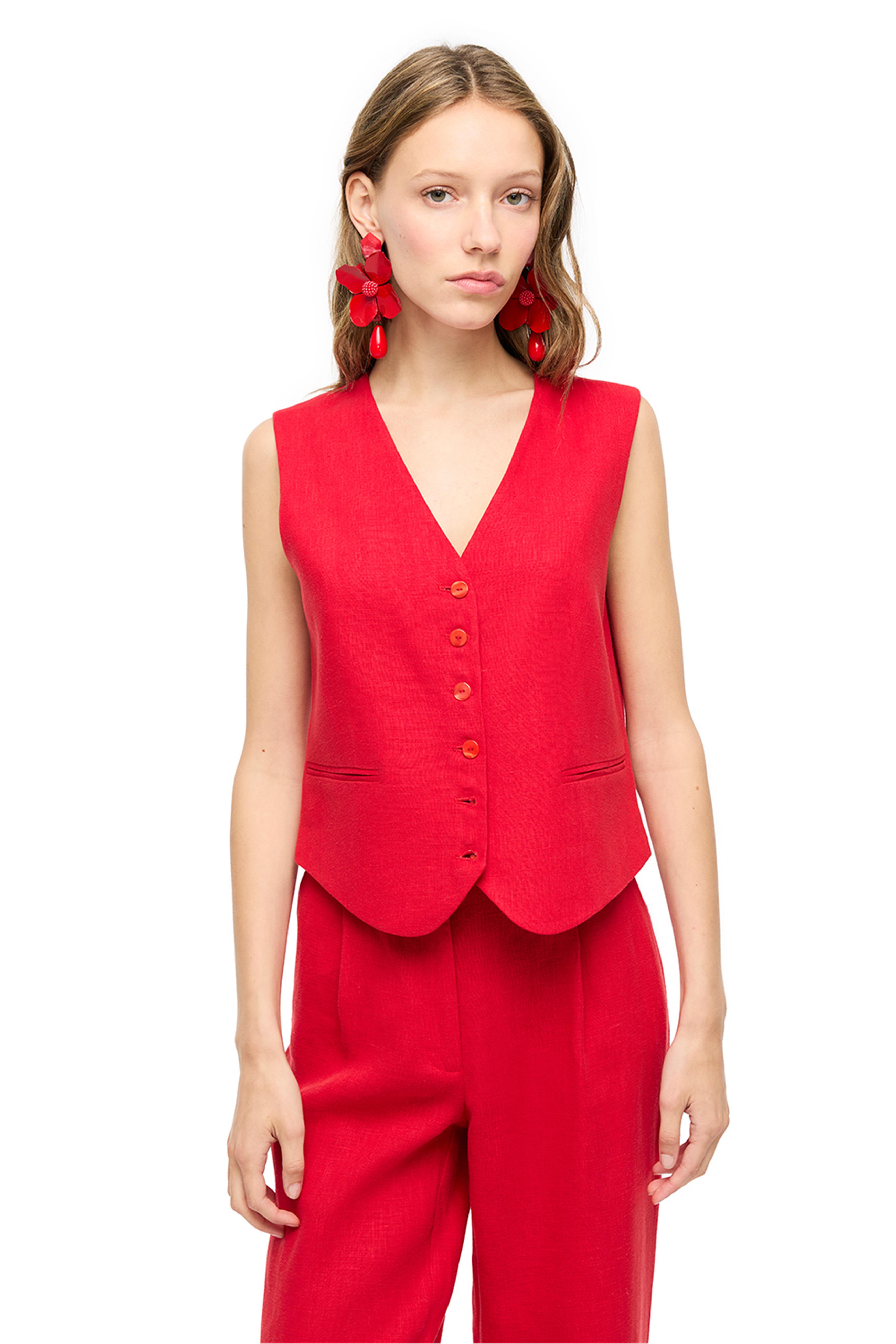 Kırmızı Keten V Yaka Yelek