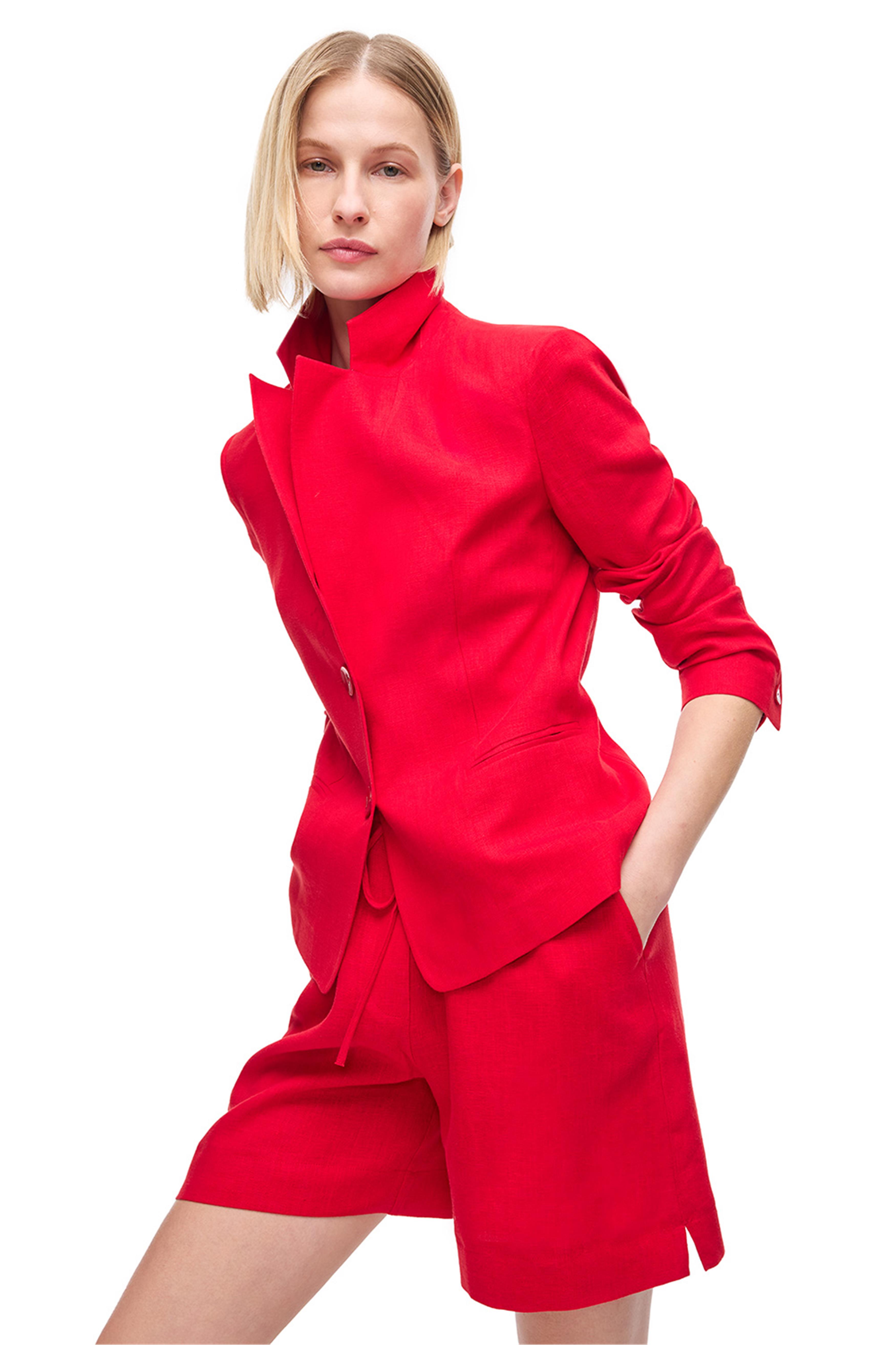 Kırmızı Klasik Yaka Keten Takım Ceket