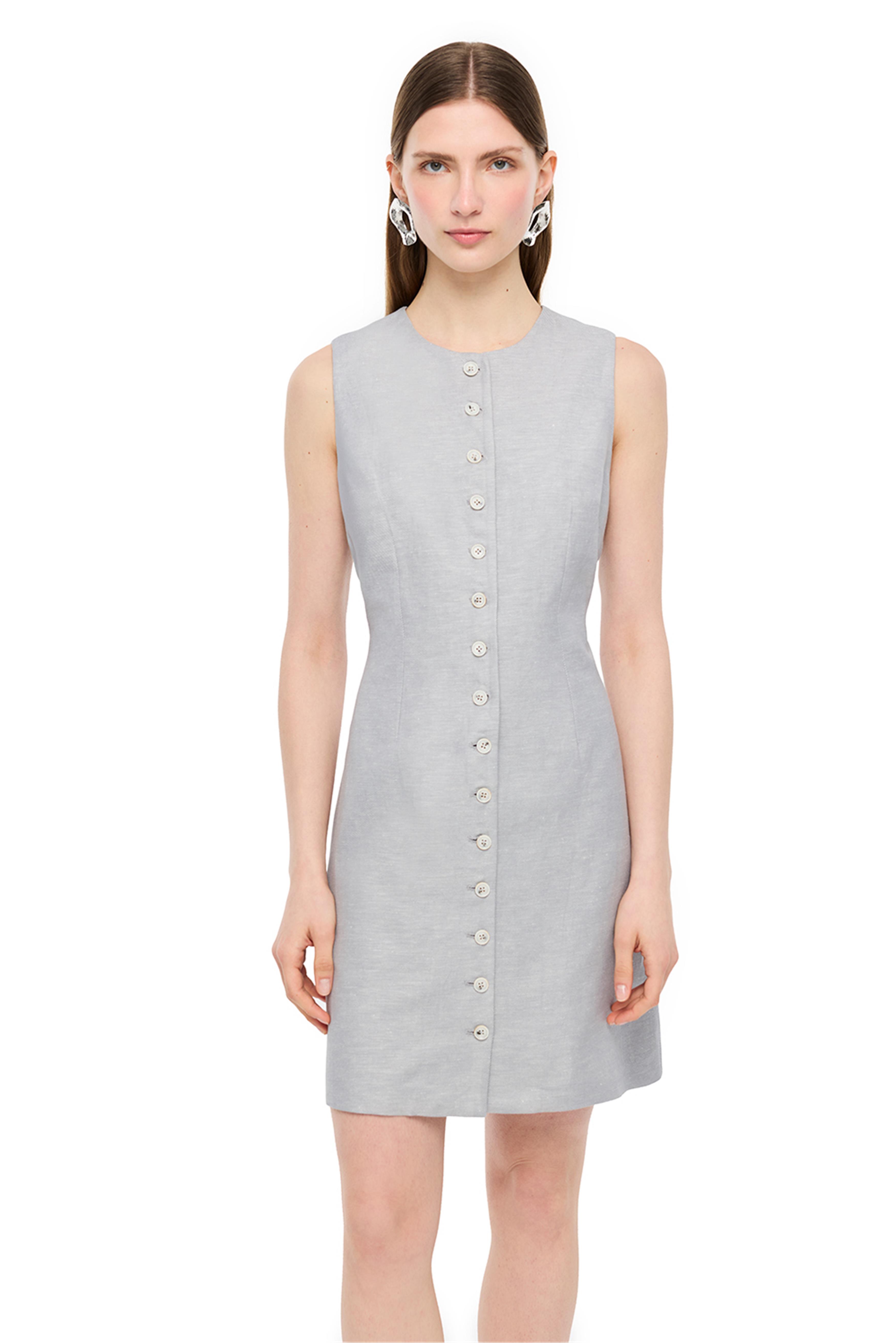 Koyu Gri Düğmeli Keten Karışımlı Mini Elbise