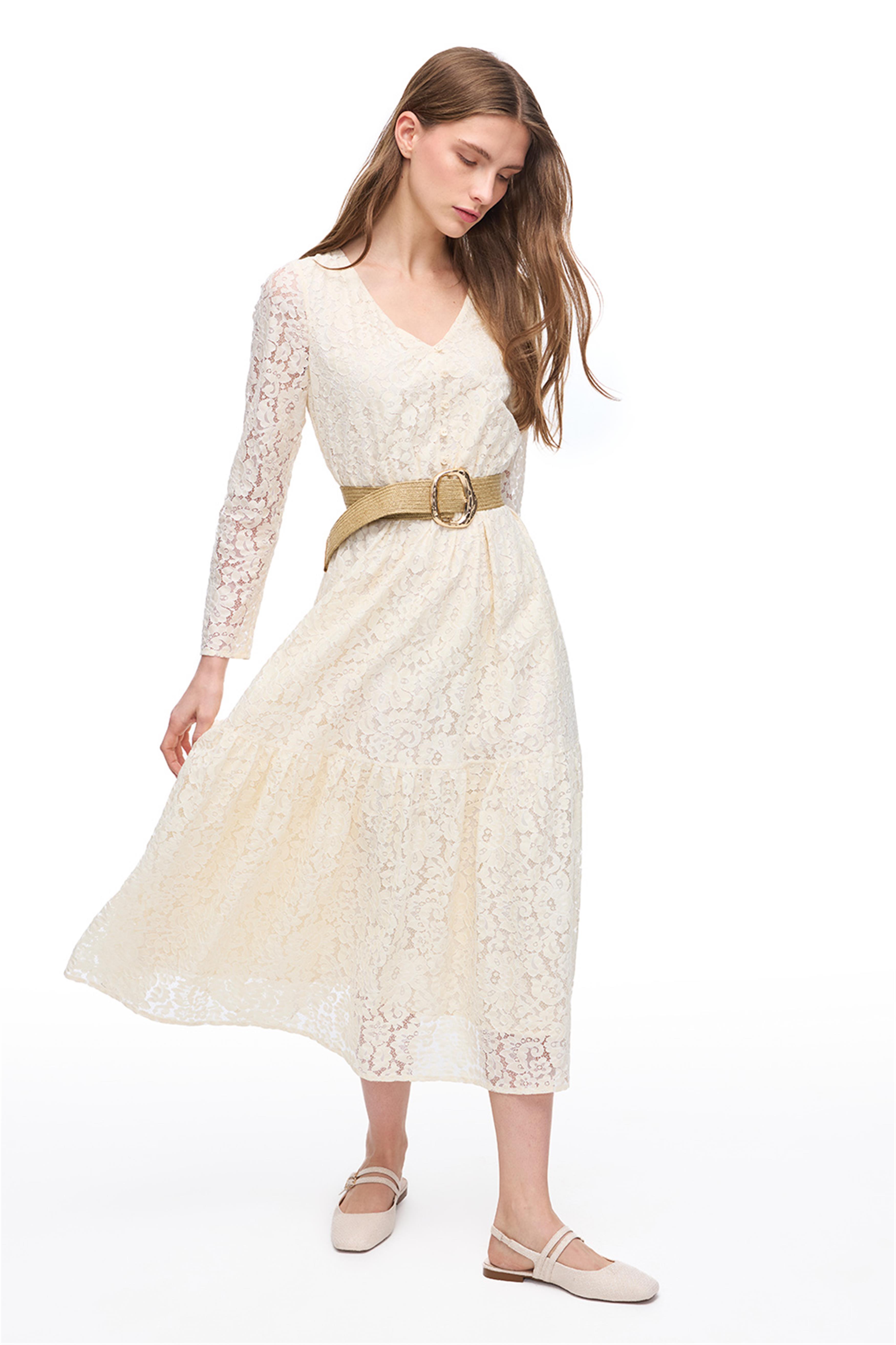 Krem Çiçek Desenli Uzun Kollu Elbise