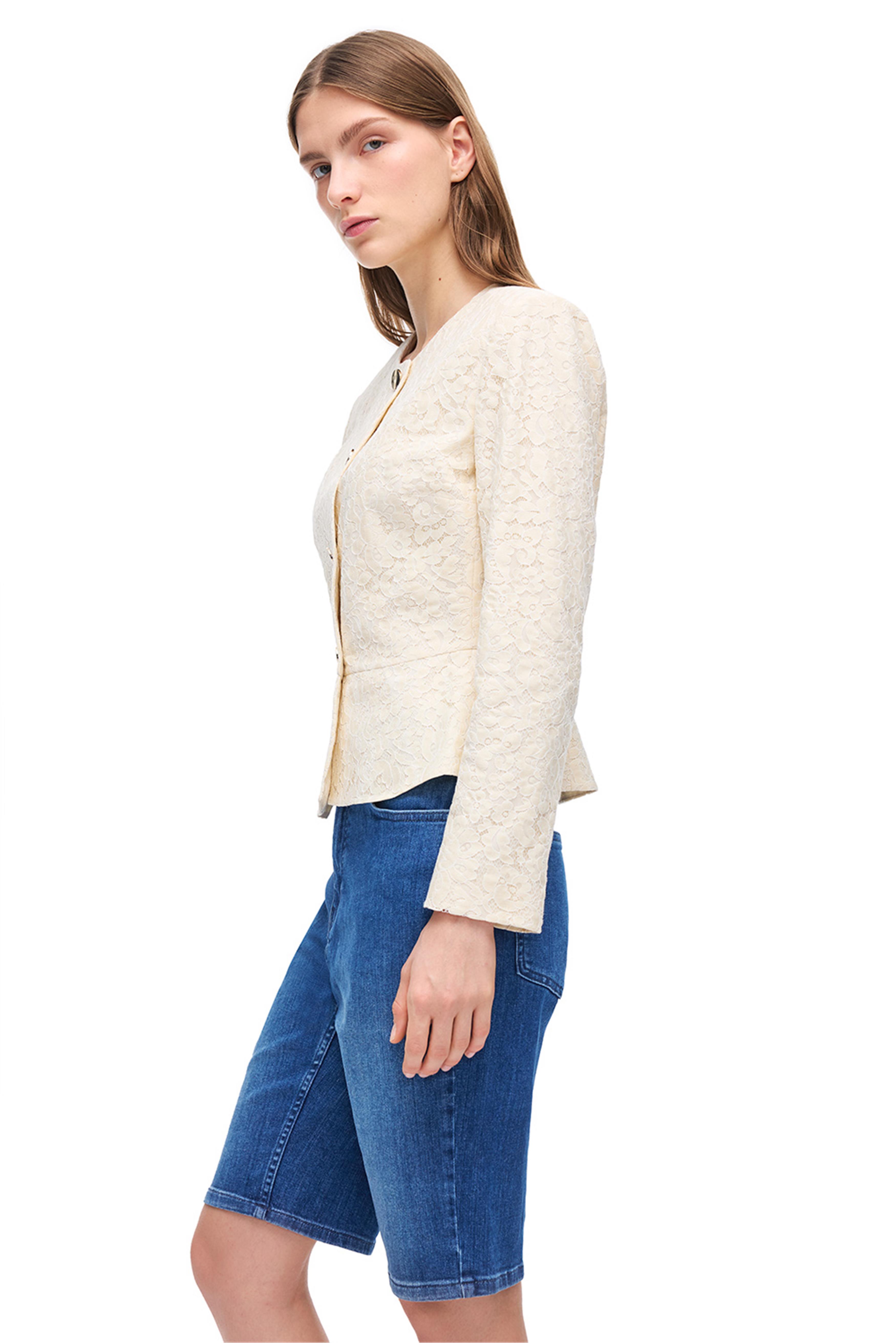 Krem Çiçek Desenli Uzun Kollu Pamuklu Ceket