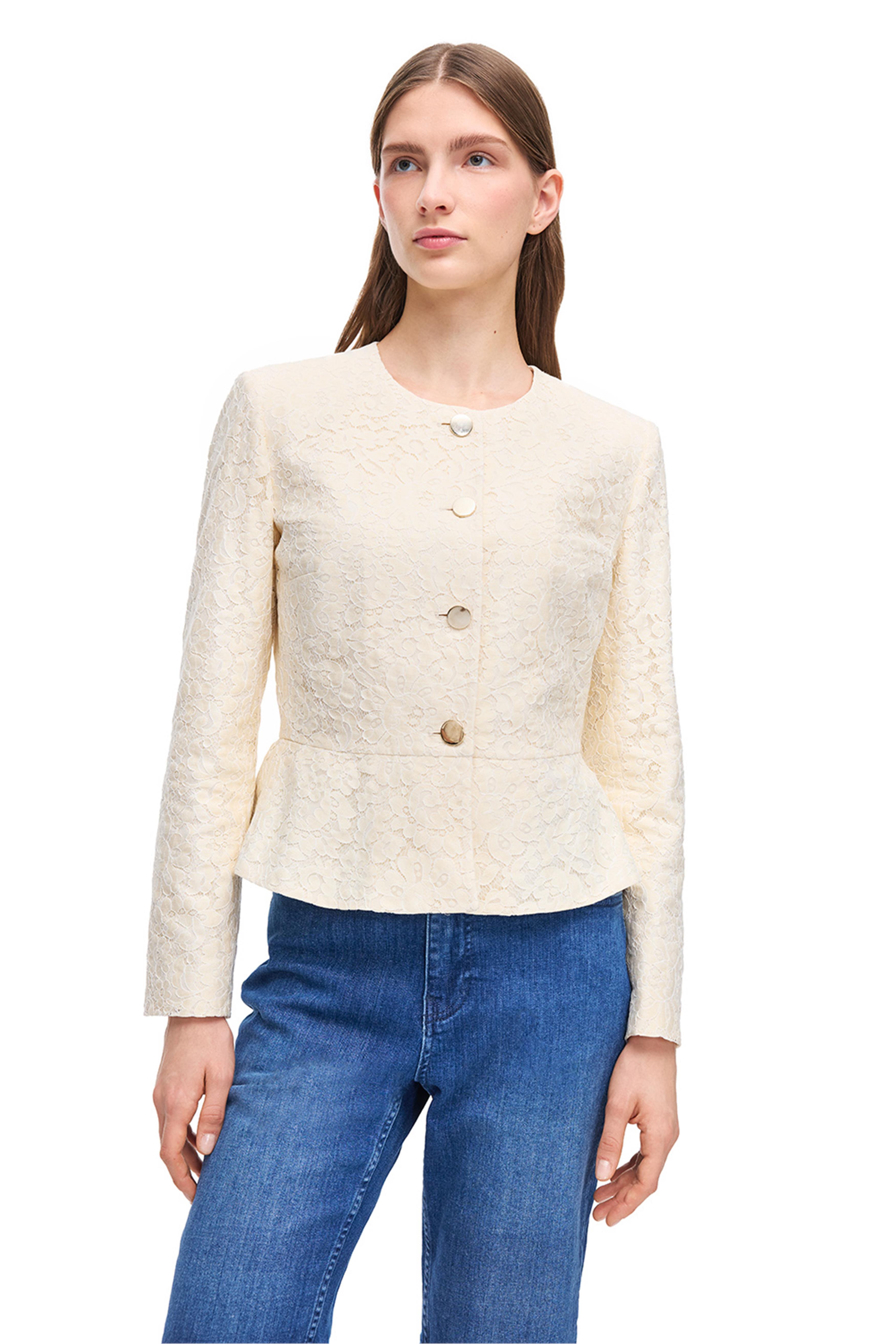 Krem Çiçek Desenli Uzun Kollu Pamuklu Ceket