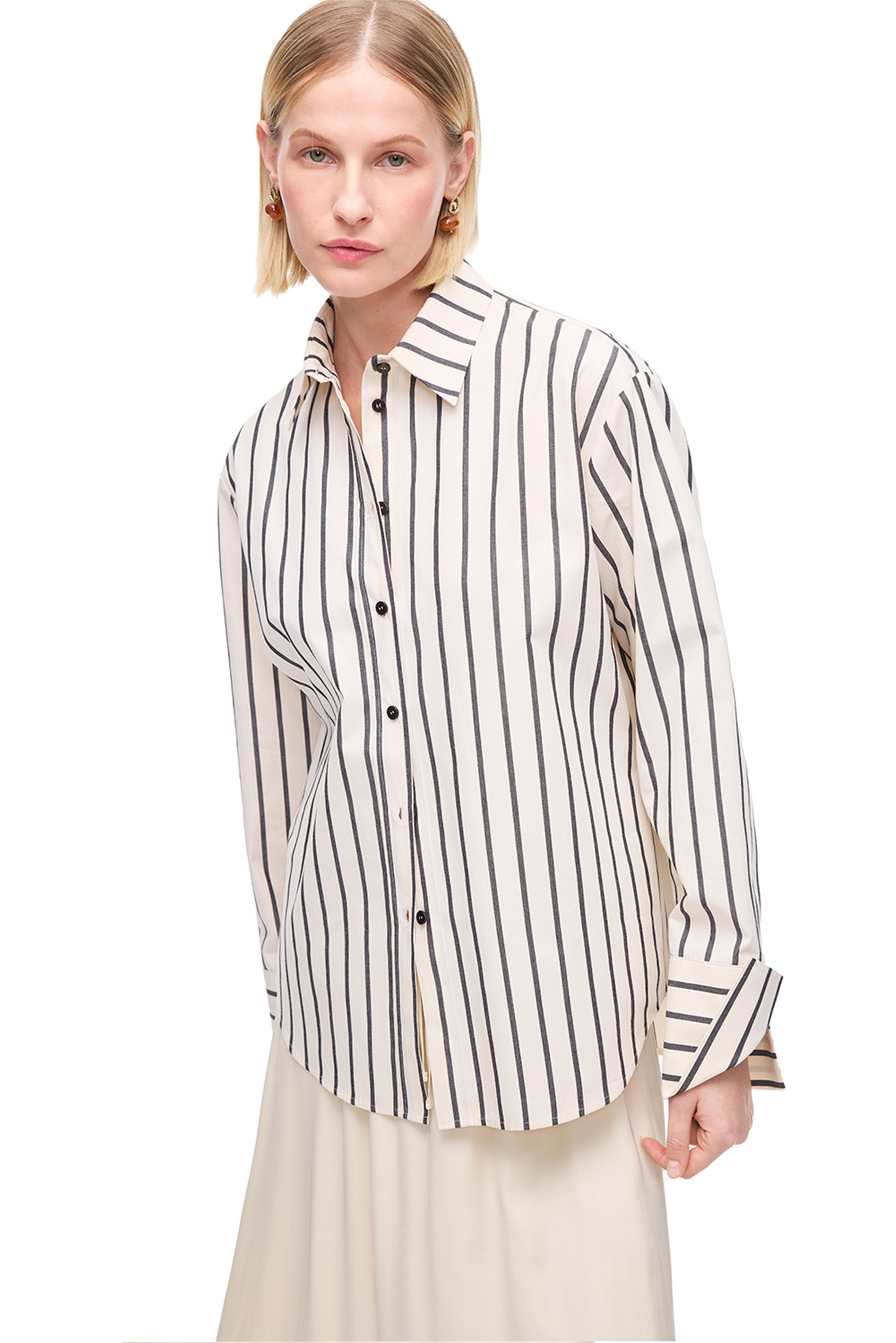 Krem Düşük Kollu Pamuklu Çizgili Gömlek