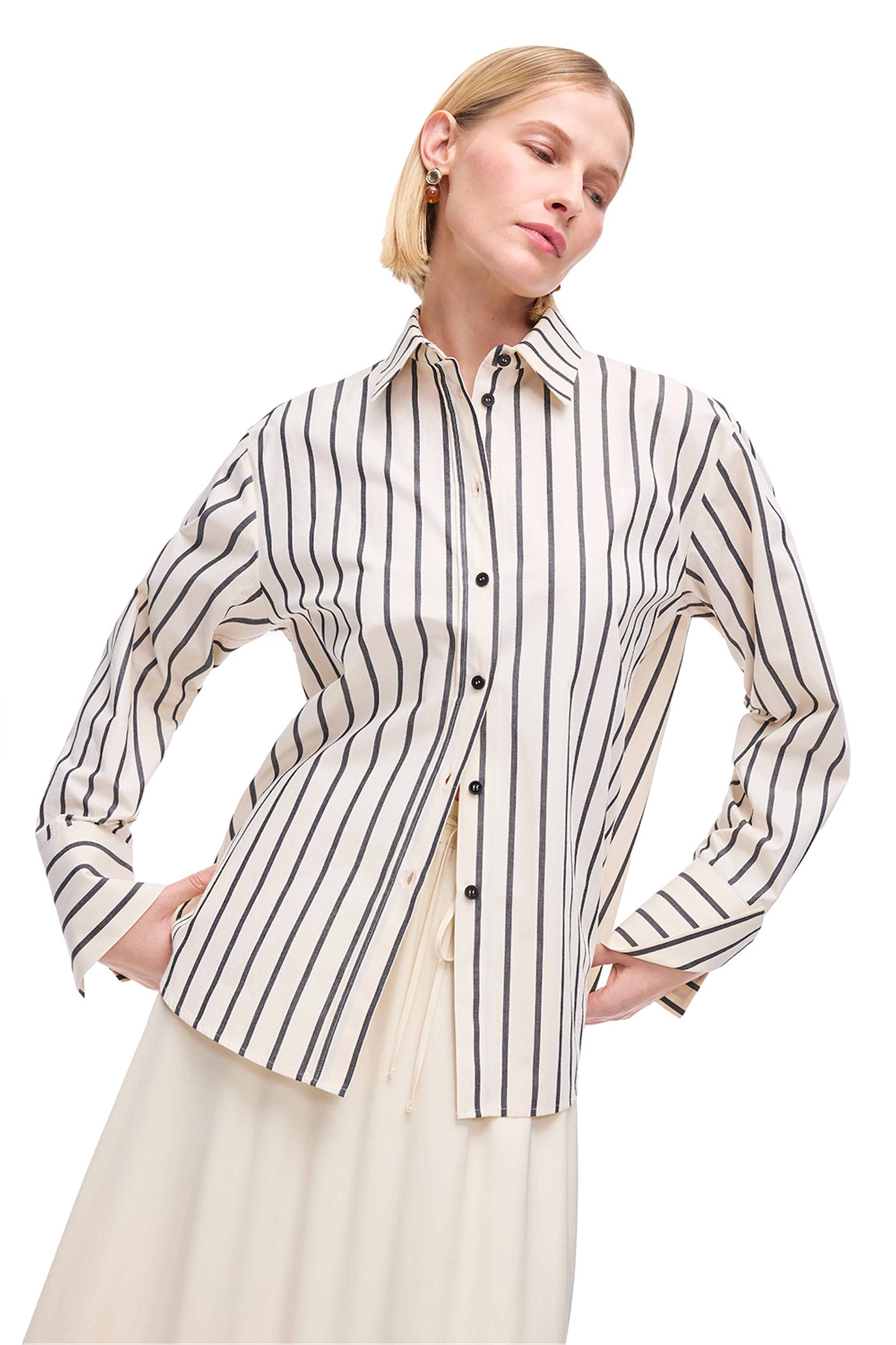 Krem Düşük Kollu Pamuklu Çizgili Gömlek