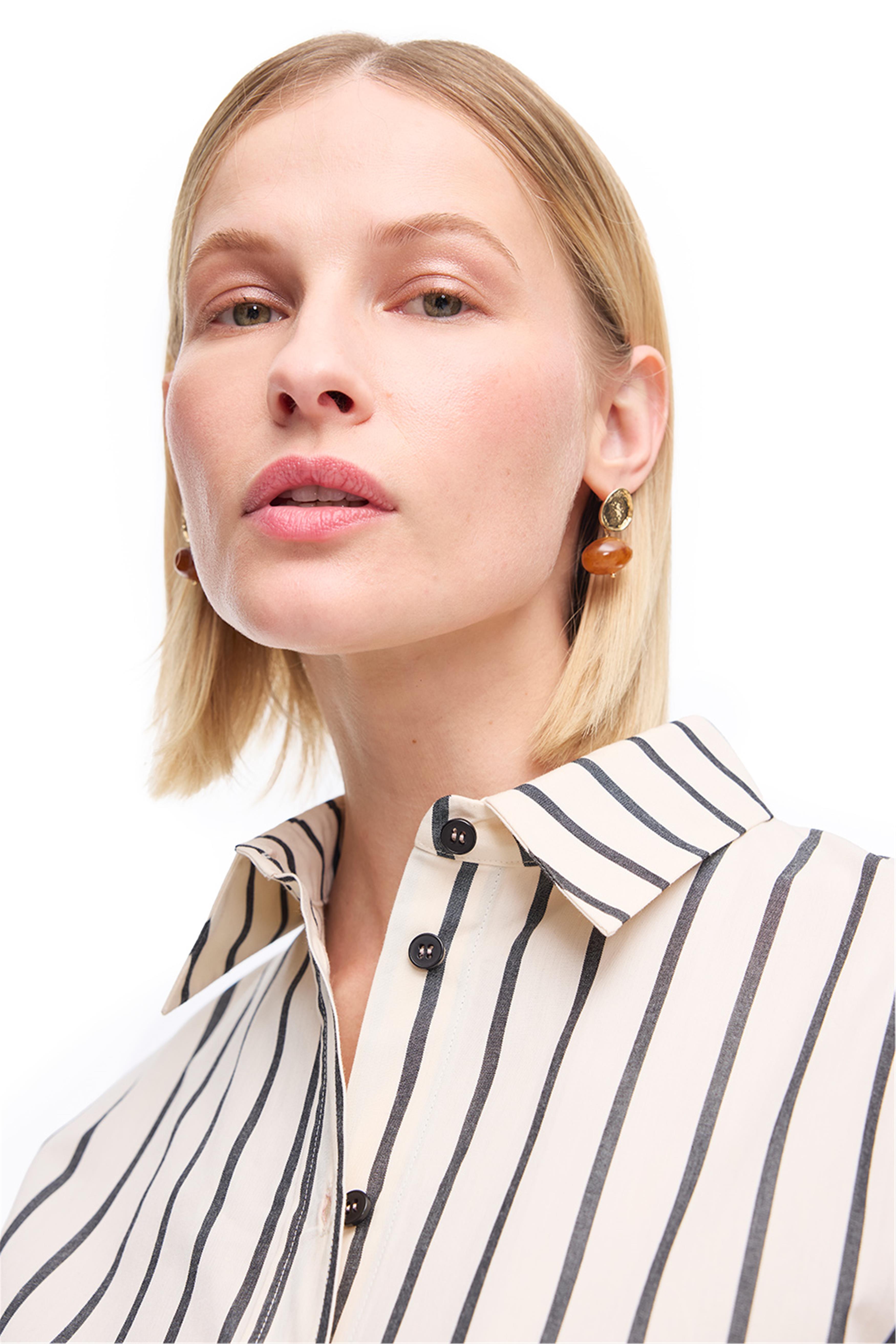 Krem Düşük Kollu Pamuklu Çizgili Gömlek