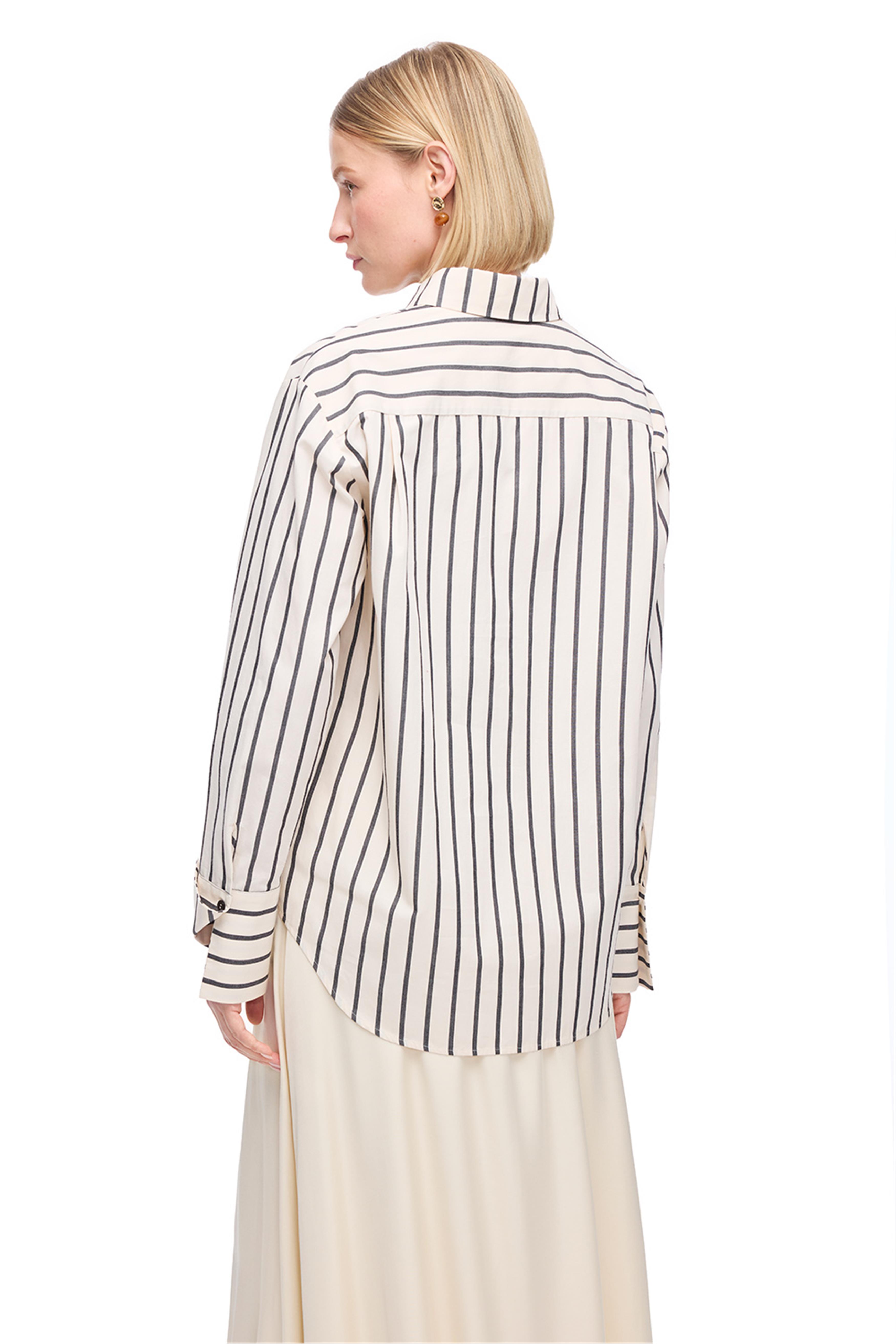 Krem Düşük Kollu Pamuklu Çizgili Gömlek