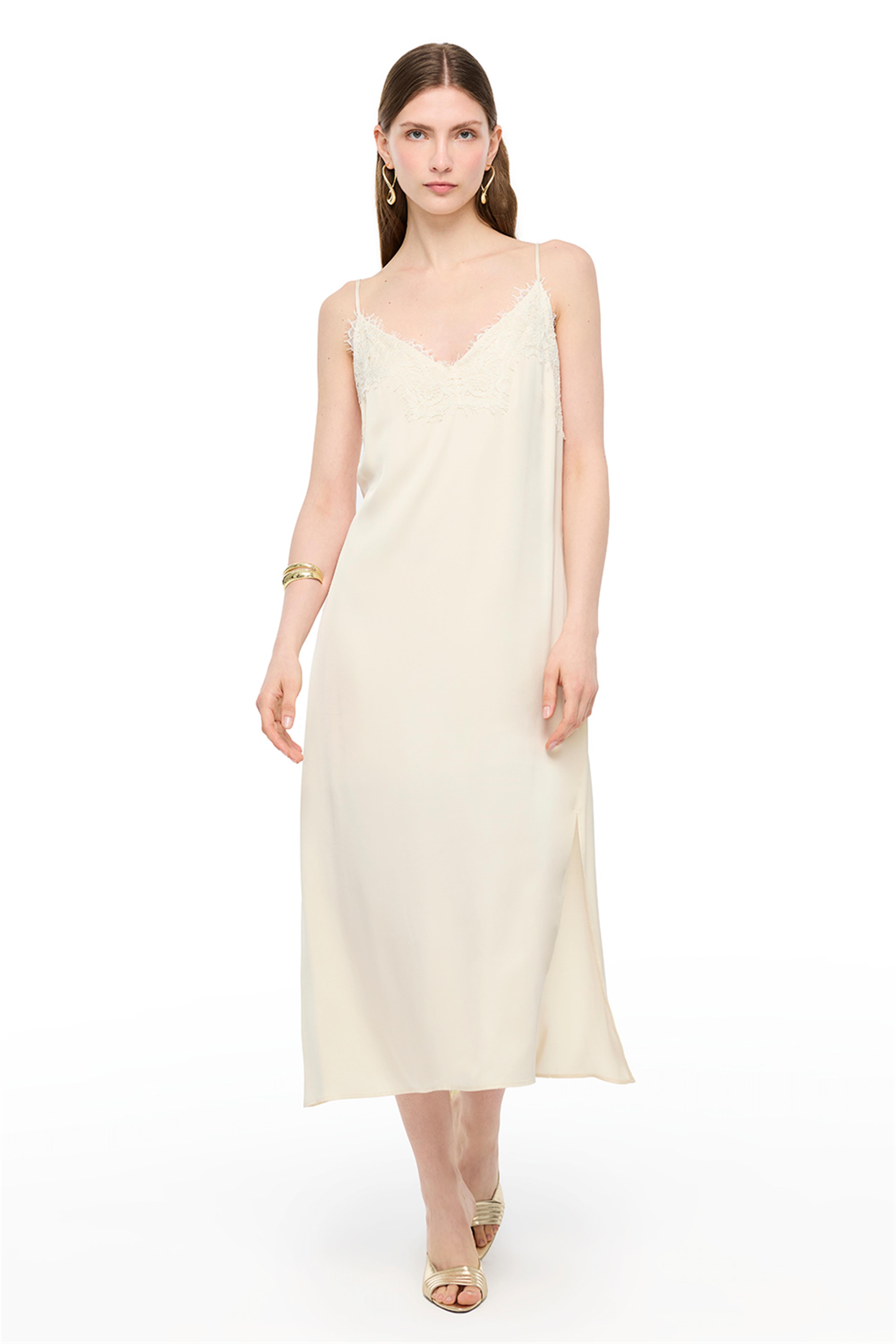 Krem V-Yaka Fermuarlı Diz Altı Elbise