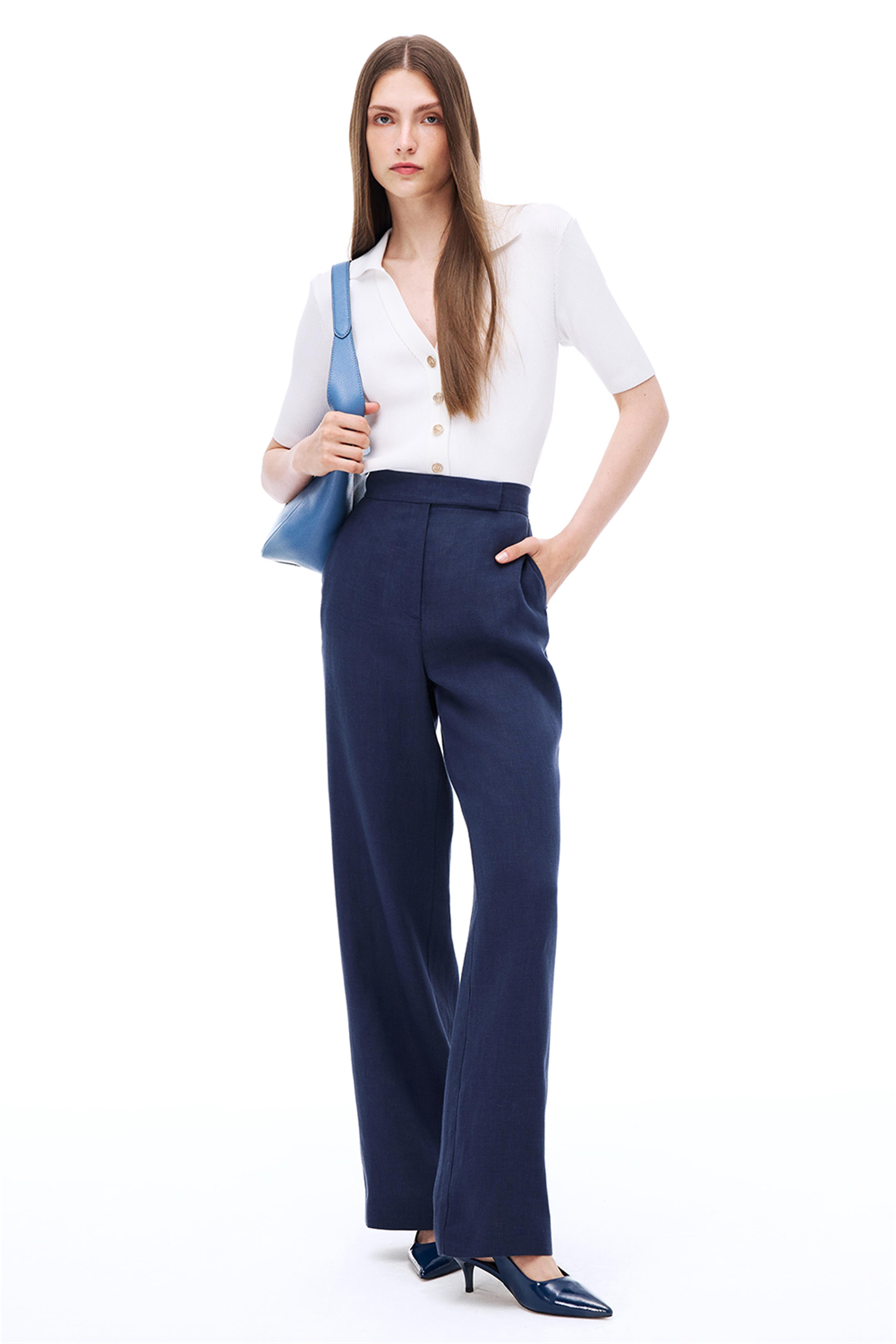 Lacivert %100 Keten Yüksek Bel Straight Leg Pantolon