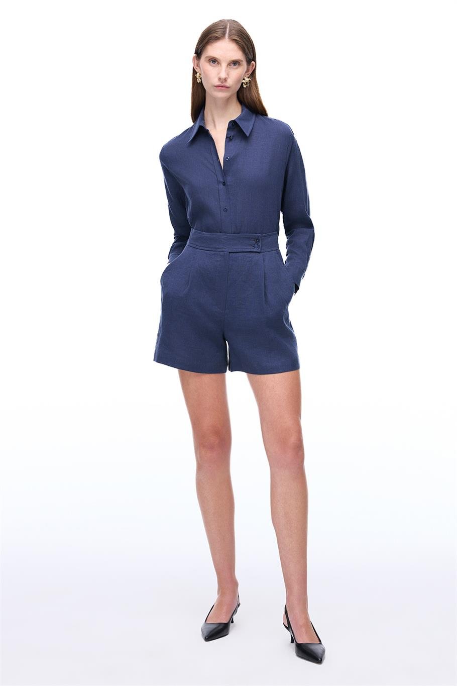 Lacivert %100 Keten Yüksek Bel Straight Leg Şort