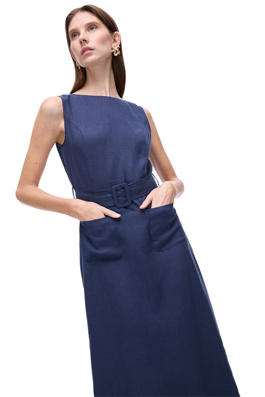 Lacivert Akars Regular Fit Midi Boy Elbise